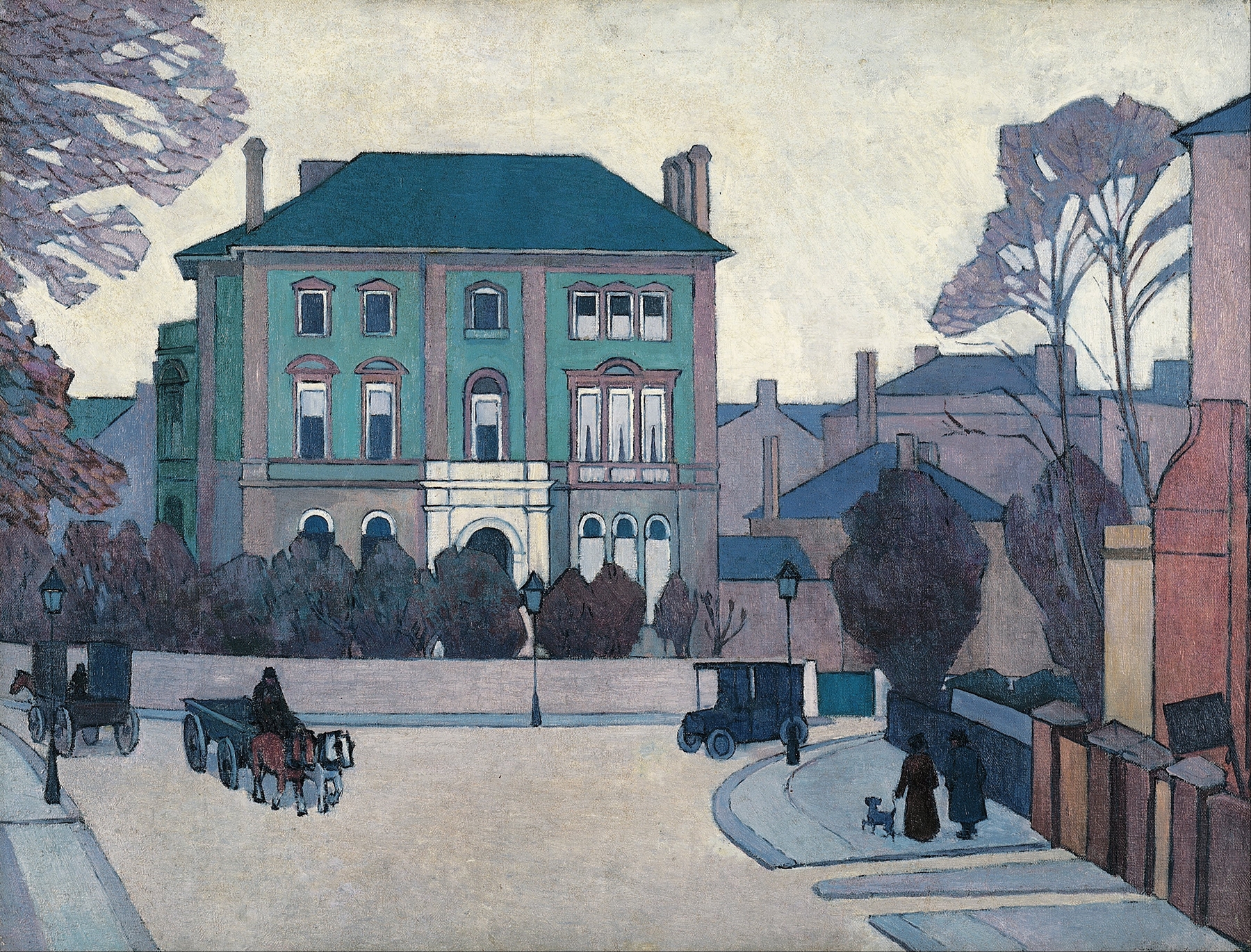 The Green House, an oil painting by Robert Polhill Bevan, features a greenhouse surrounded by a vibrant garden.