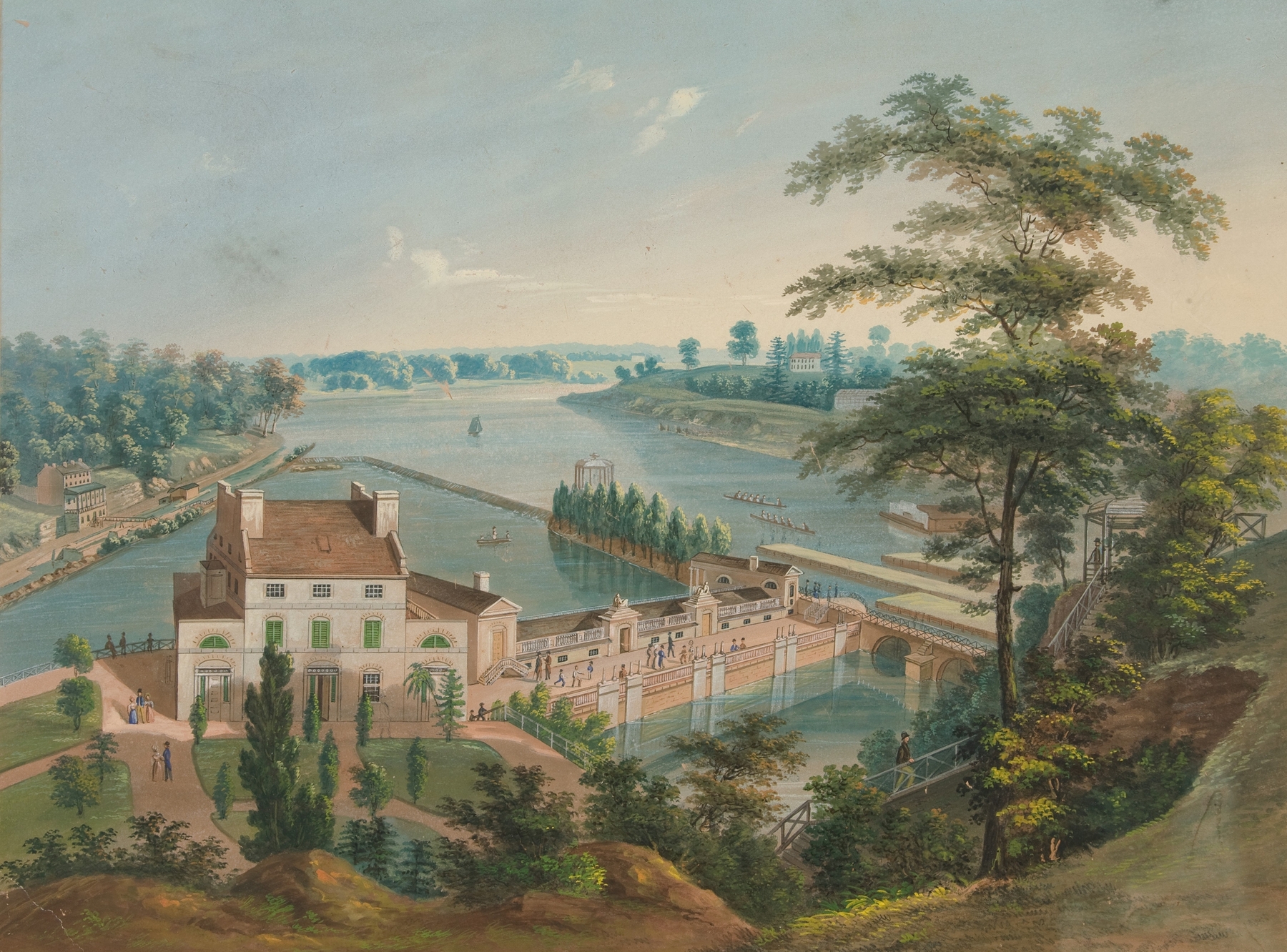 Landscape oil painting by John Caspar Wild depicting water and sunlight in Fairmount Park