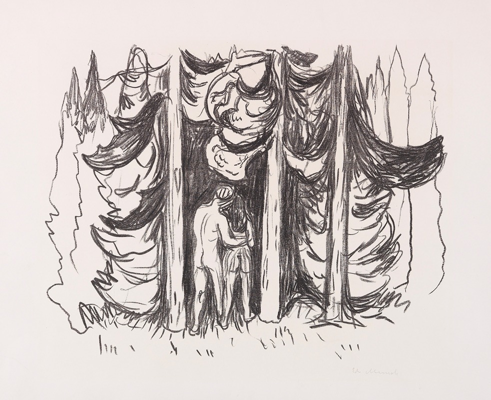 Edvard Munch's 'Skogen (Der Wald)' captures a dense forest scene with expressive colors.