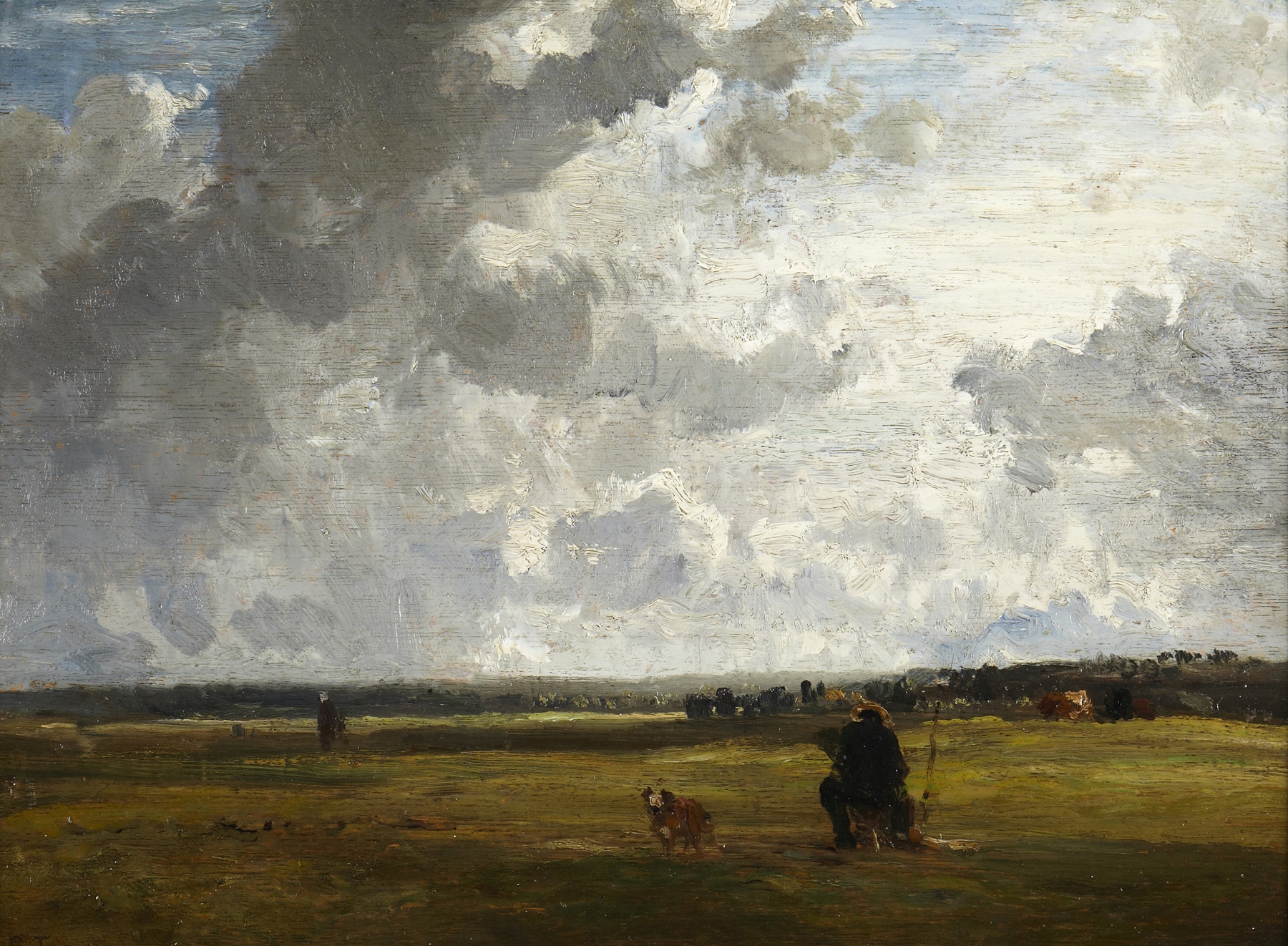 Landscape with painter at easel, oil on canvas by Constant Troyon