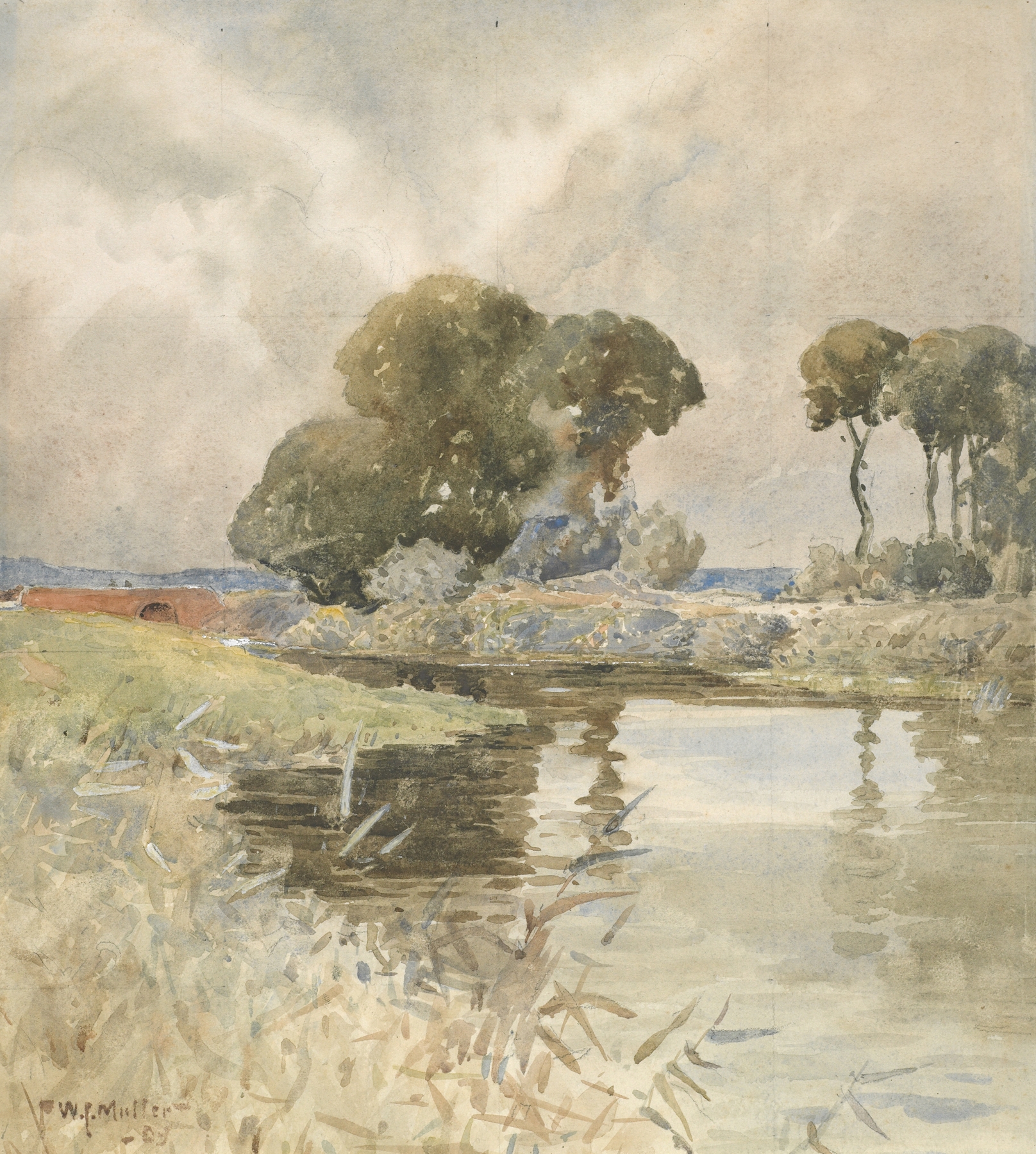Landscape with river by William James Müller, oil painting depicting a serene river and lush greenery.