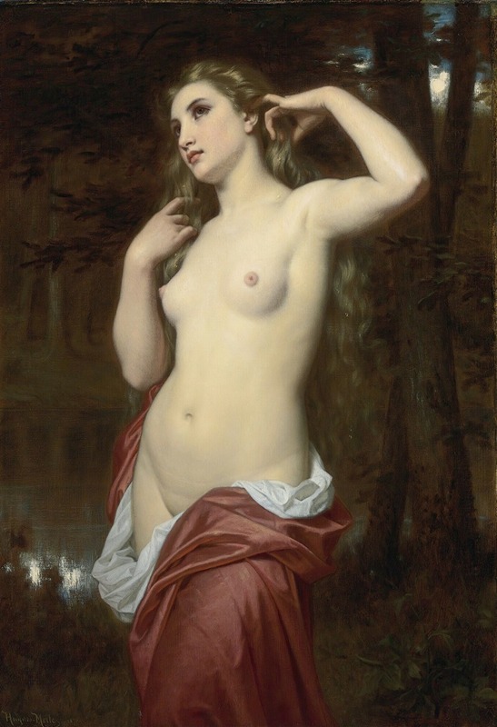 A serene depiction of a young woman bathing in a natural setting.