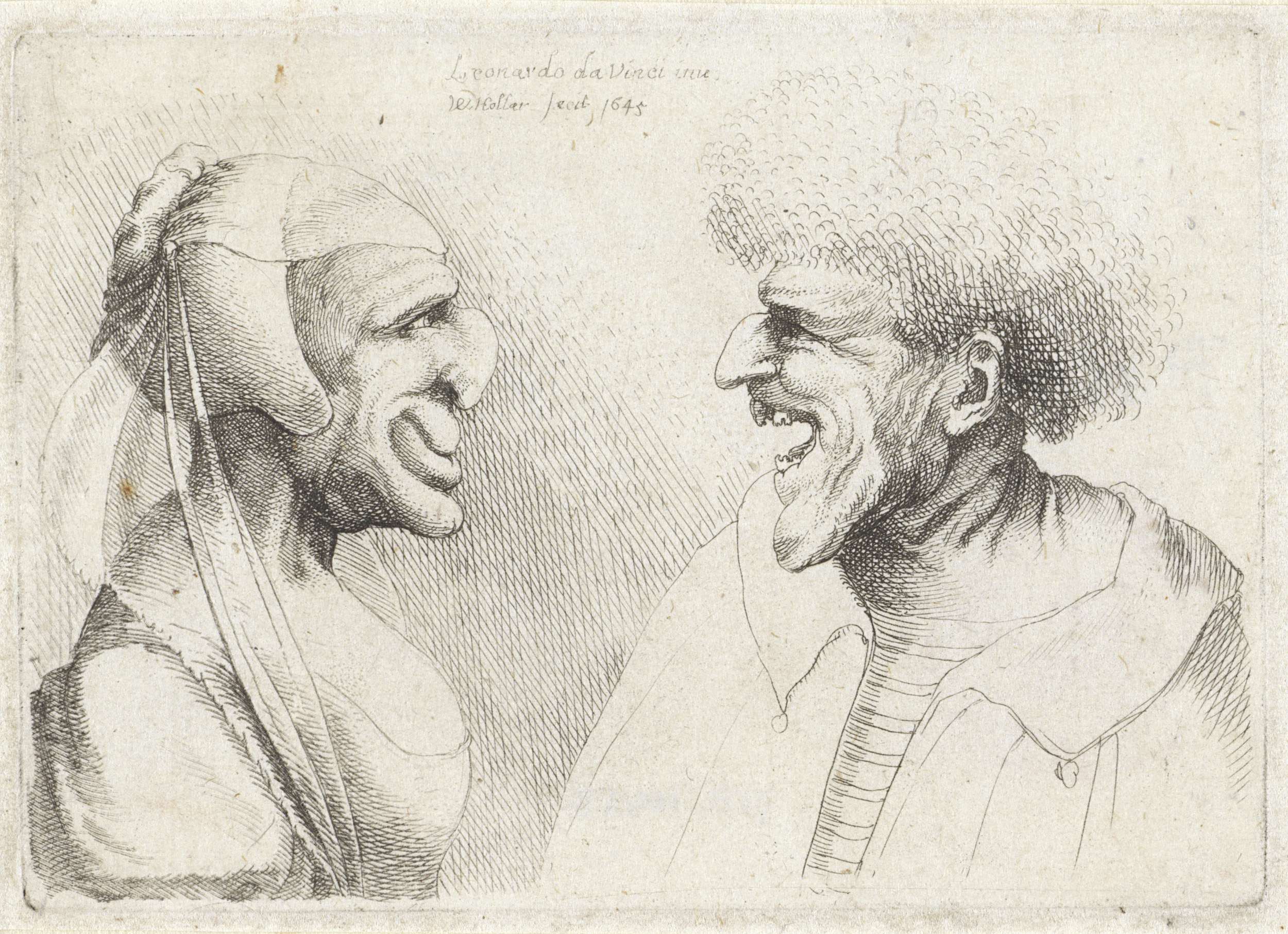 Etching by Wenceslaus Hollar depicting distorted faces of a man and woman expressing joy and sorrow.