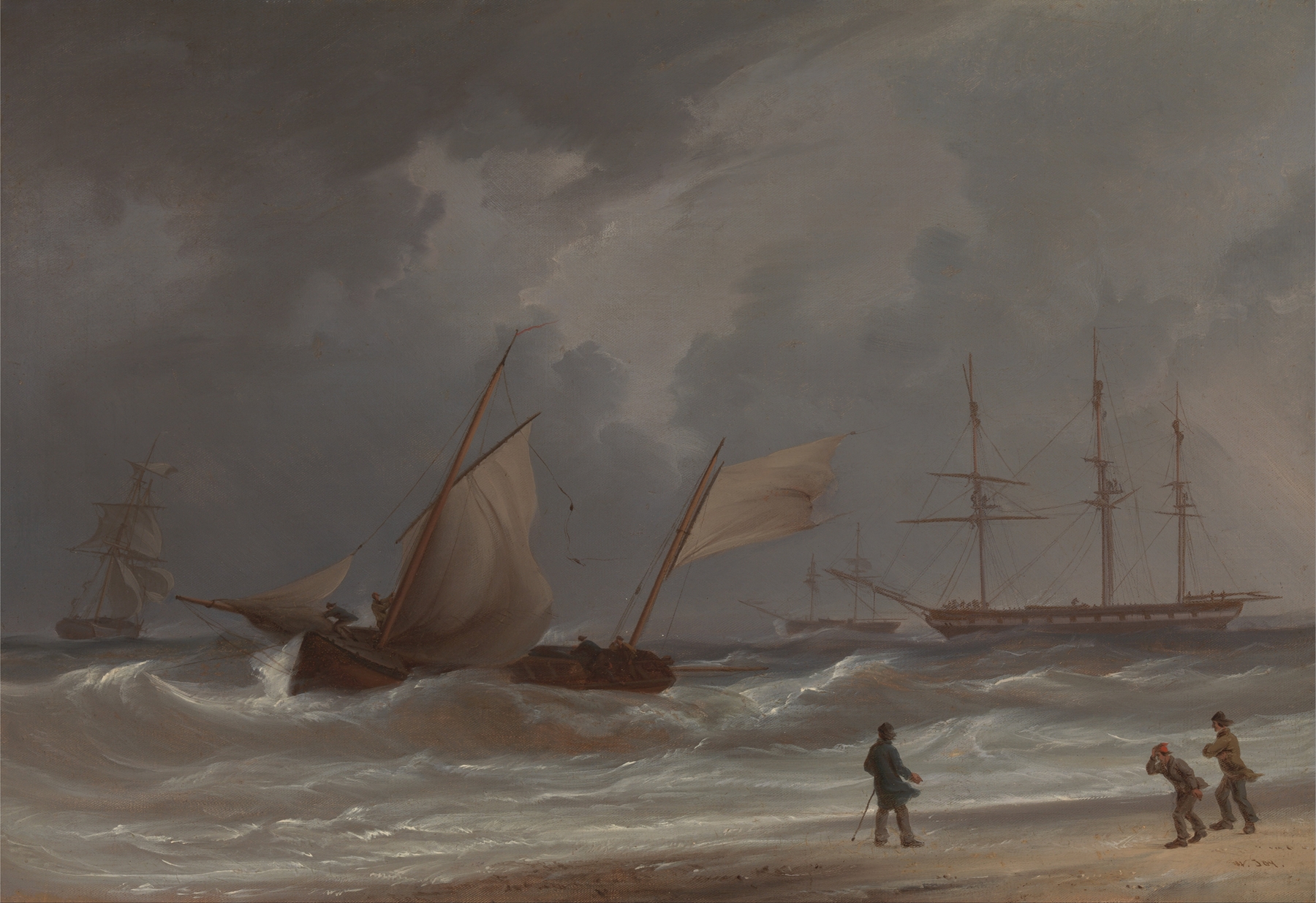 A lugger driving ashore in a gale, oil painting by William Joy