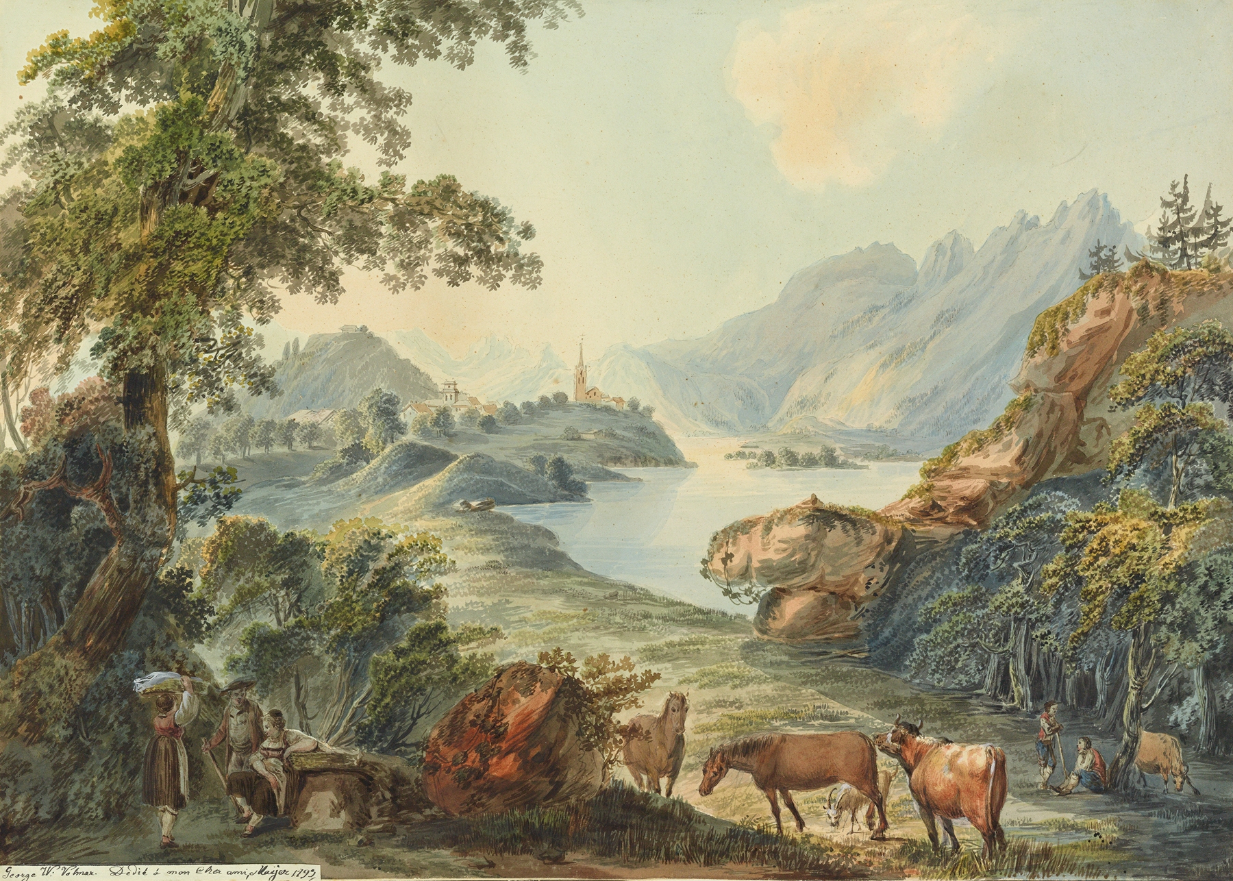 Genre scene depicting rural life in a Swiss landscape, oil painting by Johann Georg Volmar