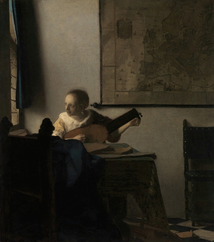 A young woman plays a lute in a serene interior, showcasing Vermeer's mastery of light.