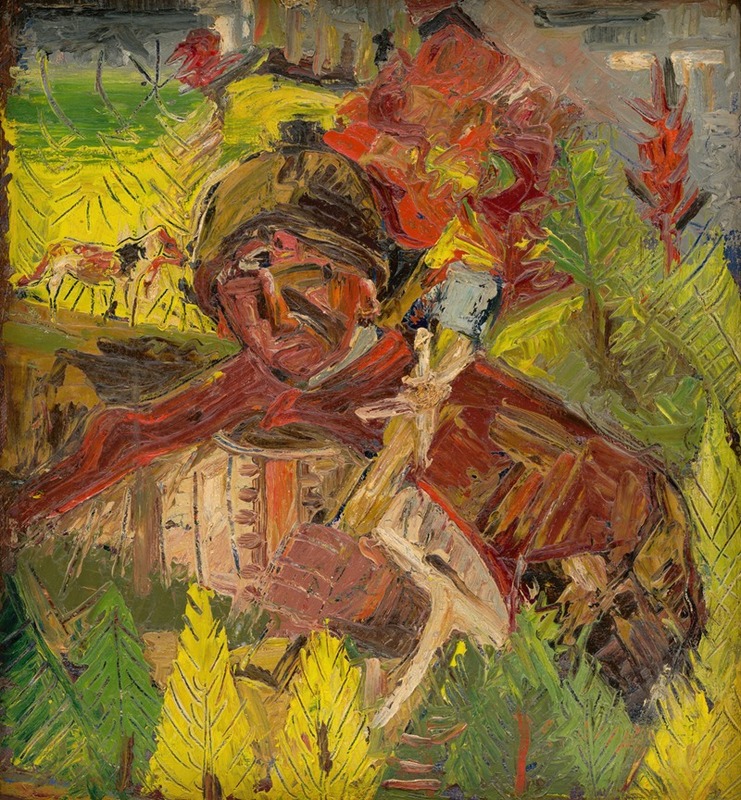 A depiction of a lumberjack in a forest setting.