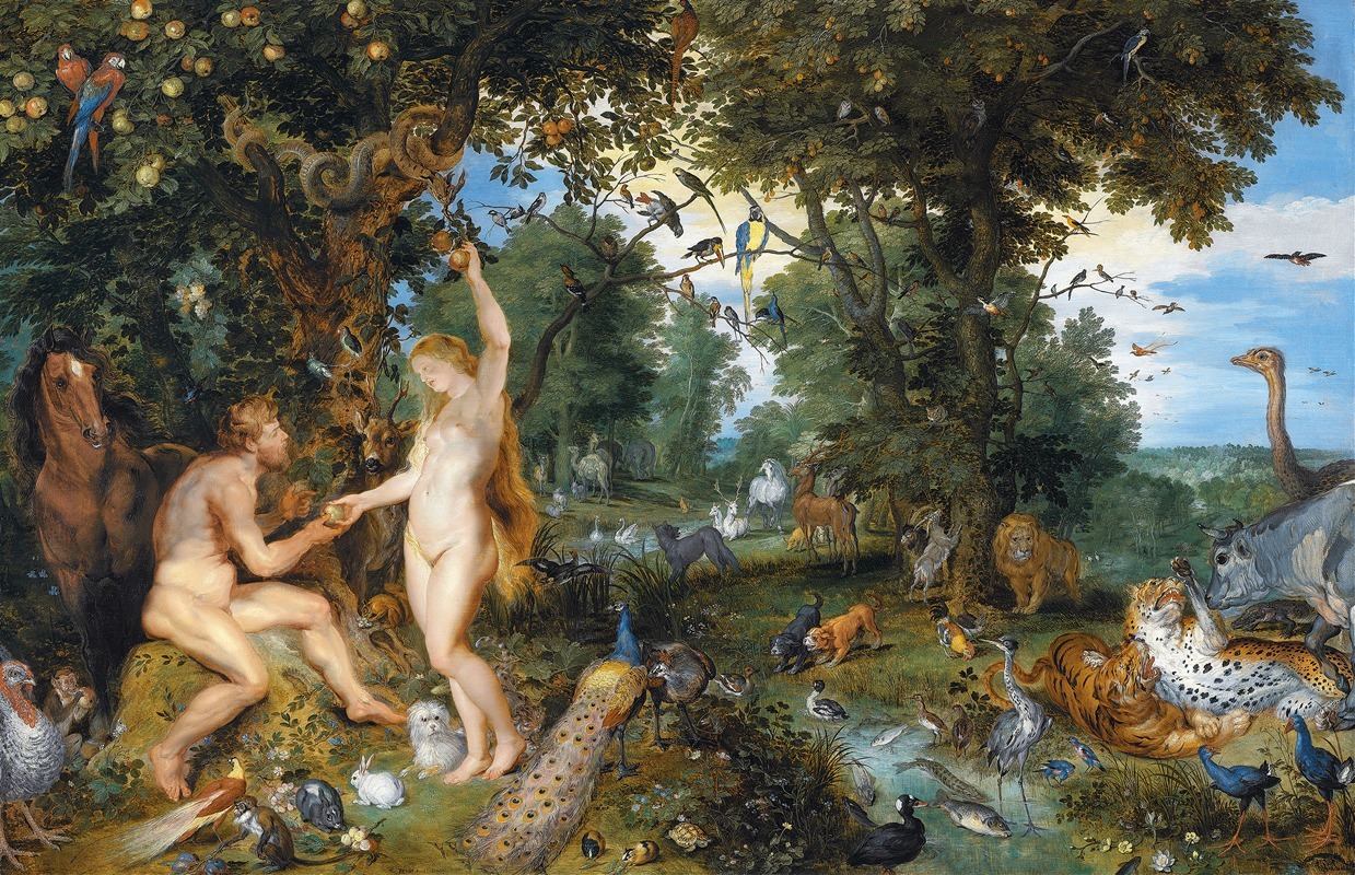 Peter Paul Rubens' 'The Garden of Eden with the Fall of Man' depicts the biblical story of creation and temptation.