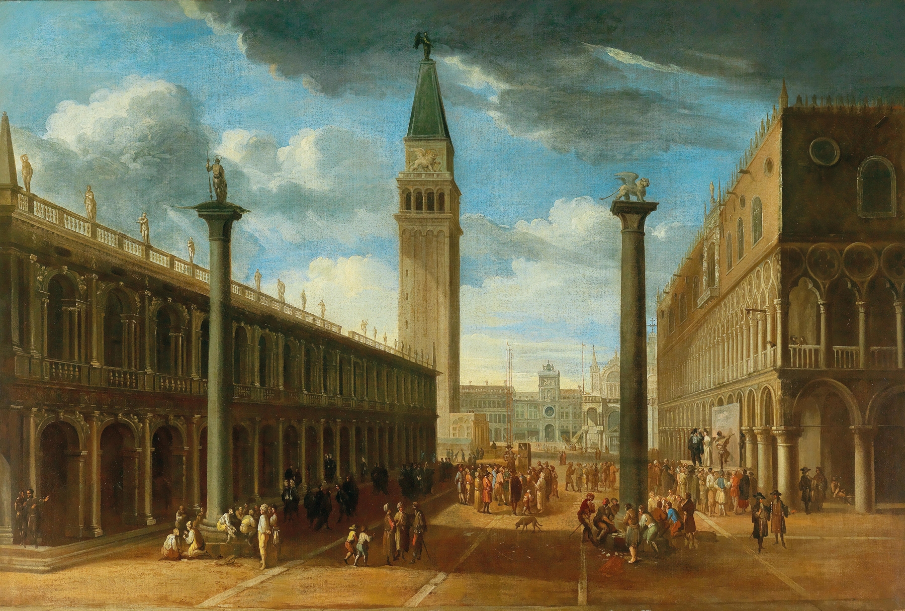 A view of the Piazza San Marco looking north from the Piazzetta towards the clock tower, Venice, by Luca Carlevarijs, public domain