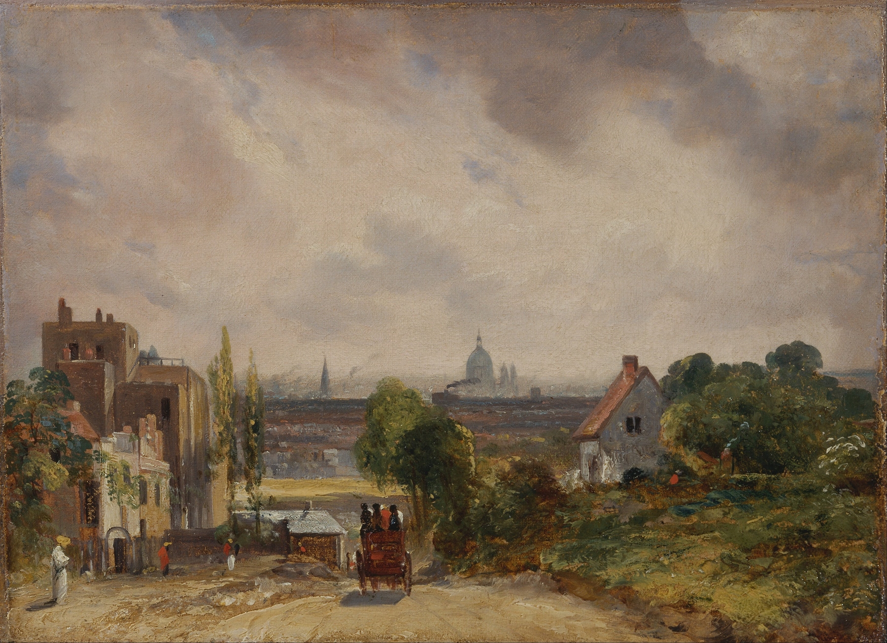 Sir Richard Steele’s Cottage, Hampstead by John Constable, oil painting of a cottage surrounded by greenery.