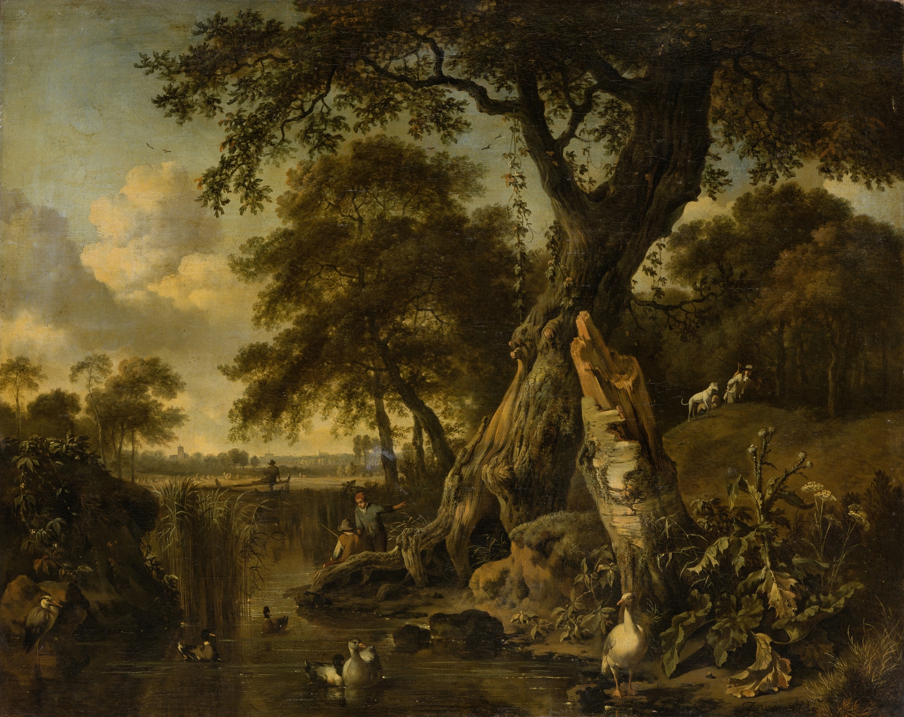 River Landscape with Fisherman and Hunter, by Jan Wijnants, public domain