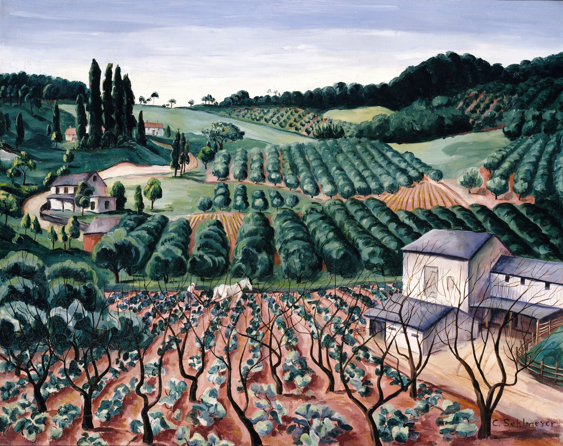 Post-Impressionism artwork by Caroline Sehlmeyer depicting an orchard with vibrant fruits and dappled light.