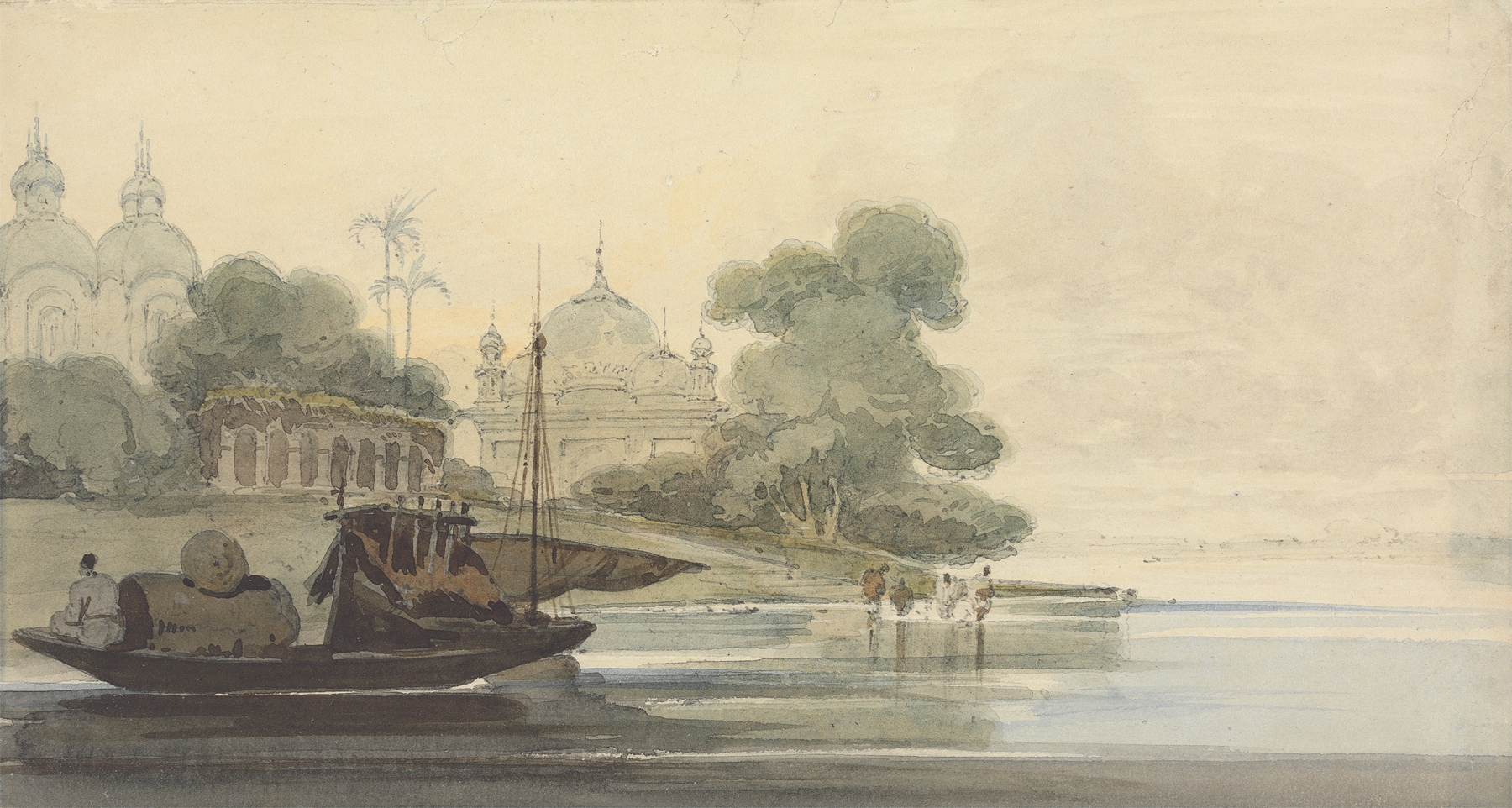 A River in Ceylon by George Chinnery, oil painting depicting a serene river landscape