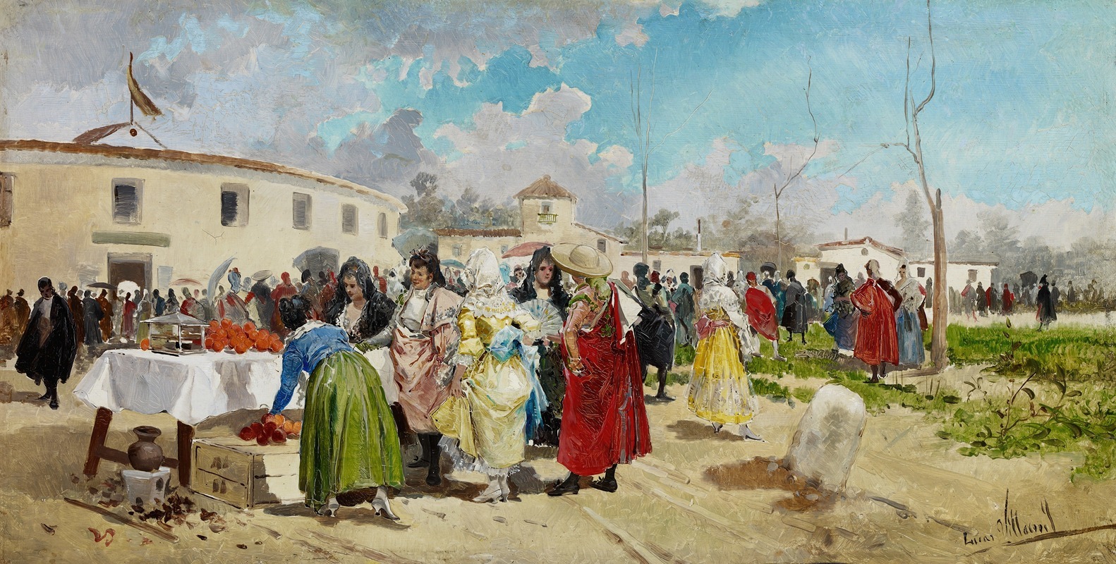 A vibrant depiction of a bullring scene under bright sunlight.