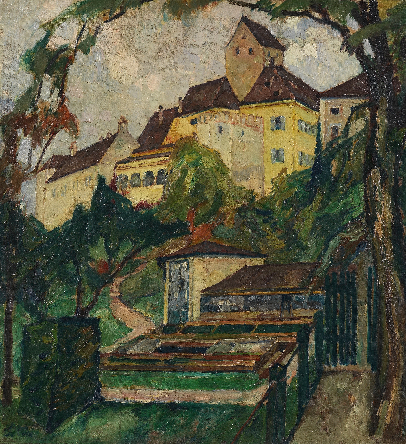 Schloss Seefeld IV by Leo Putz, oil on canvas depicting a castle illuminated by golden light
