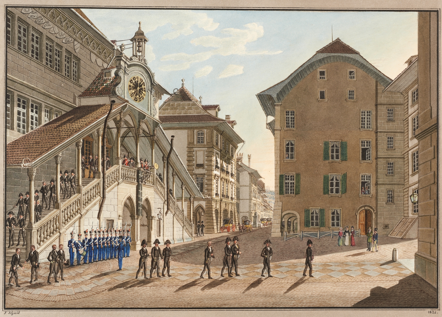 Historical scene outside Hotel de Ville by Franz Schmid