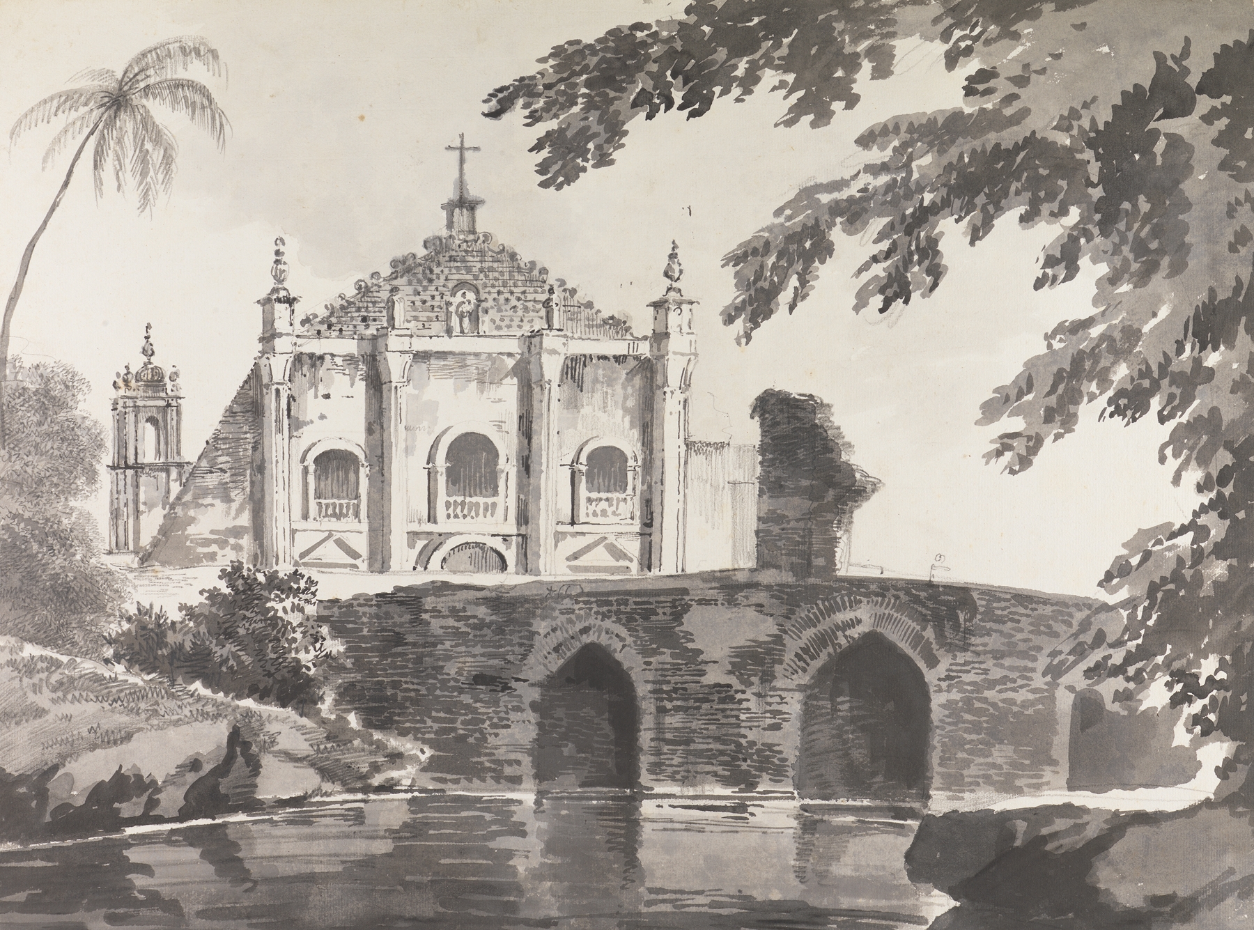 Drawing by William Hodges depicting a landscape with architecture, 1780-1788