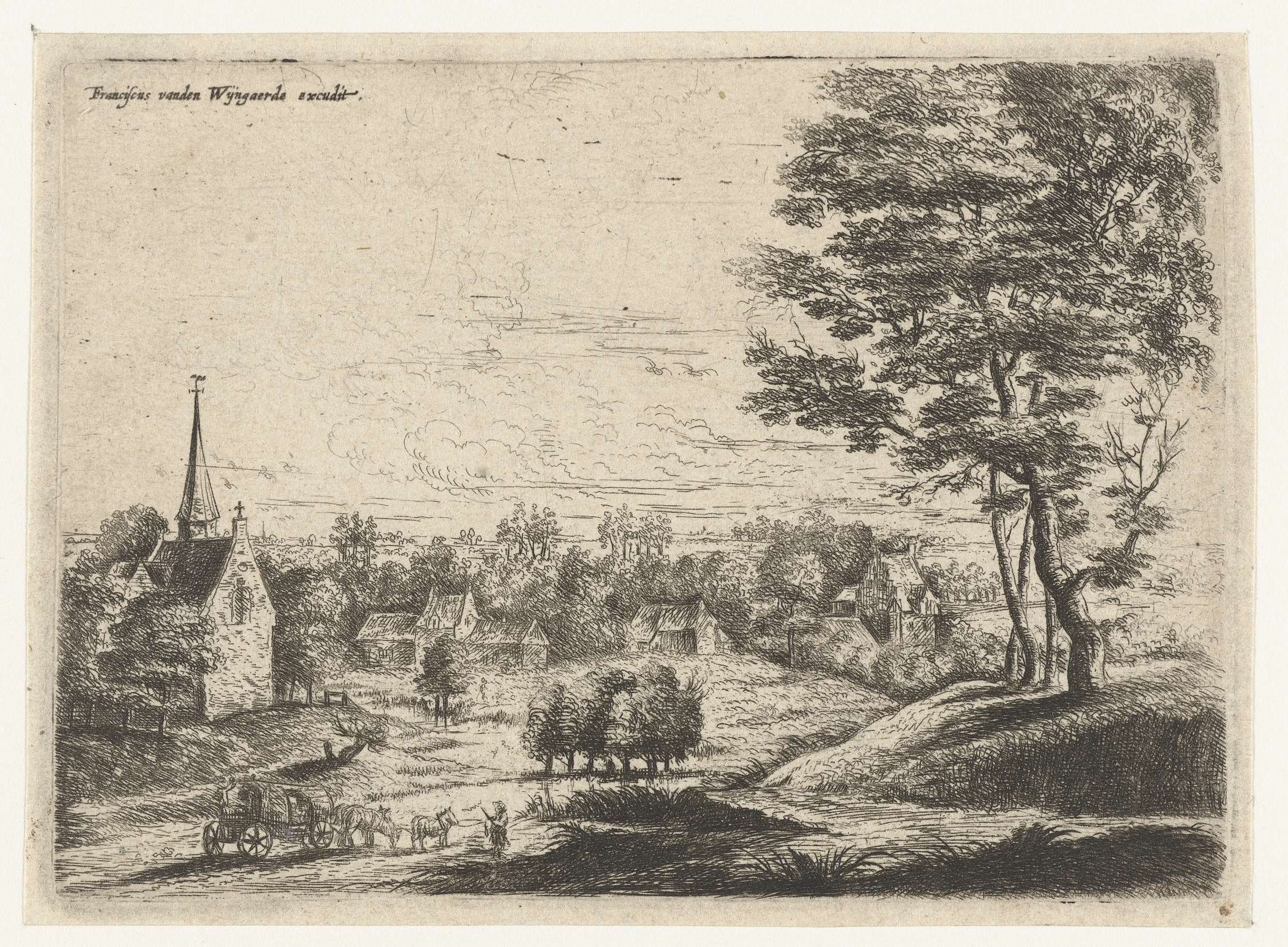 Etching by Lucas van Uden showing a village with a covered wagon.