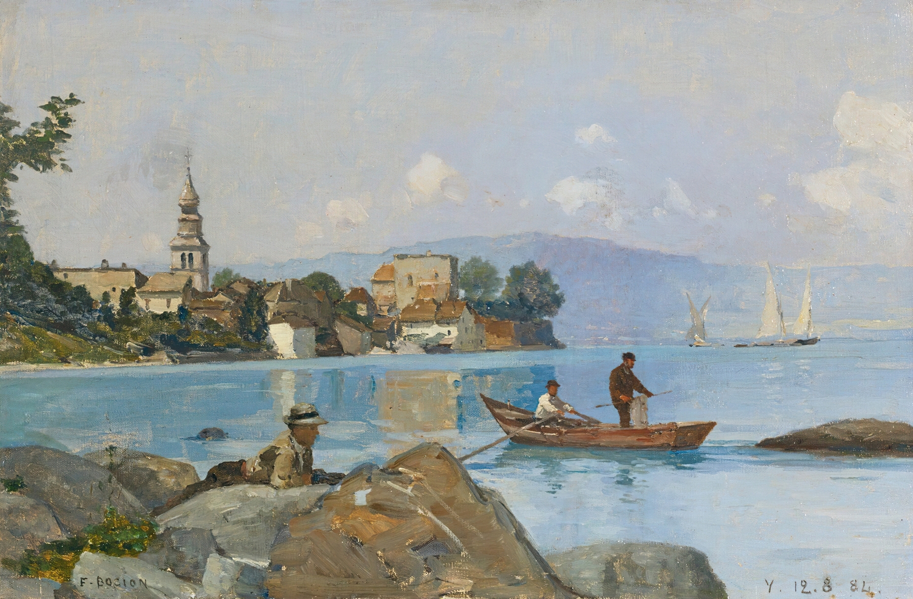 Yvoire by François Bocion, oil on canvas depicting a tranquil lake and village