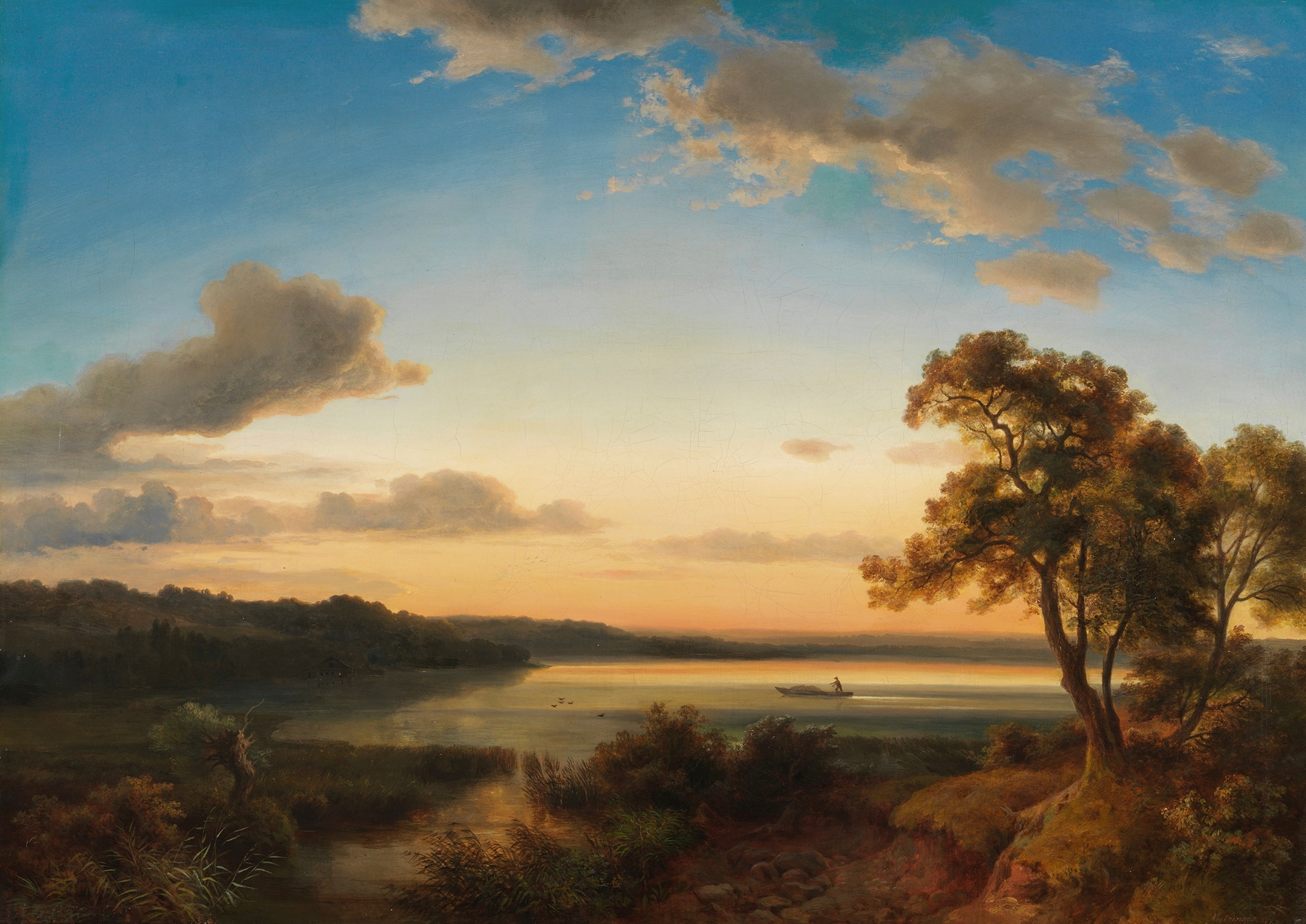 Landscape oil painting by Kilian Metzinger depicting dawn with a returning fisherman and water reflections.