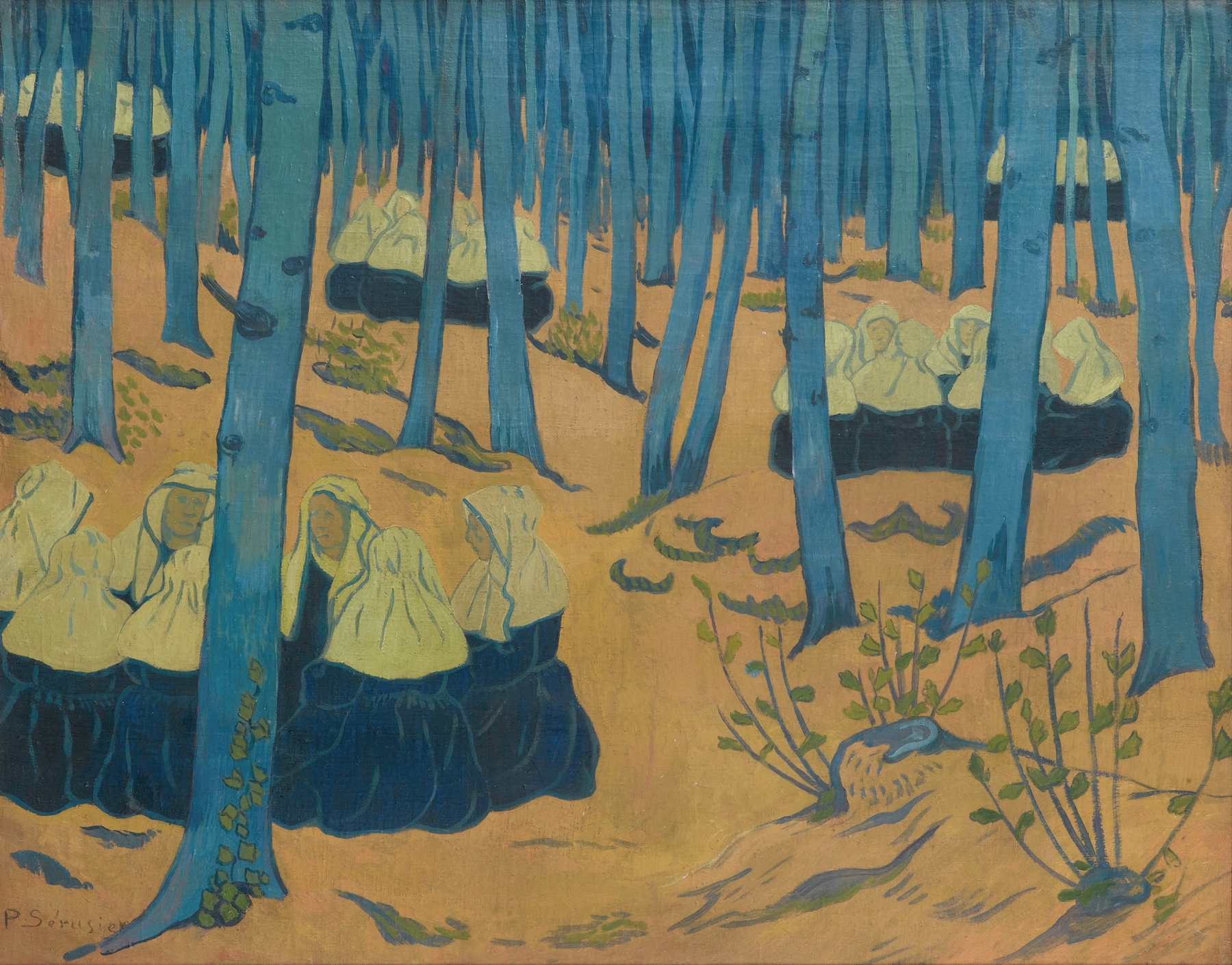 Bretonnes, Réunion Dans Le Bois Sacré by Paul Sérusier, oil painting featuring breton women in traditional dress.