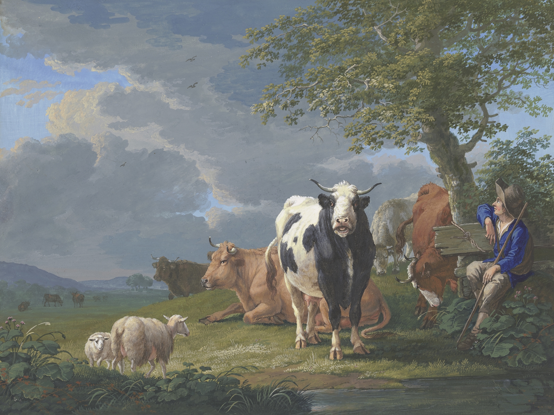 Genre scene depicting a shepherd under a tree with cattle, oil painting by Johann Georg Pforr