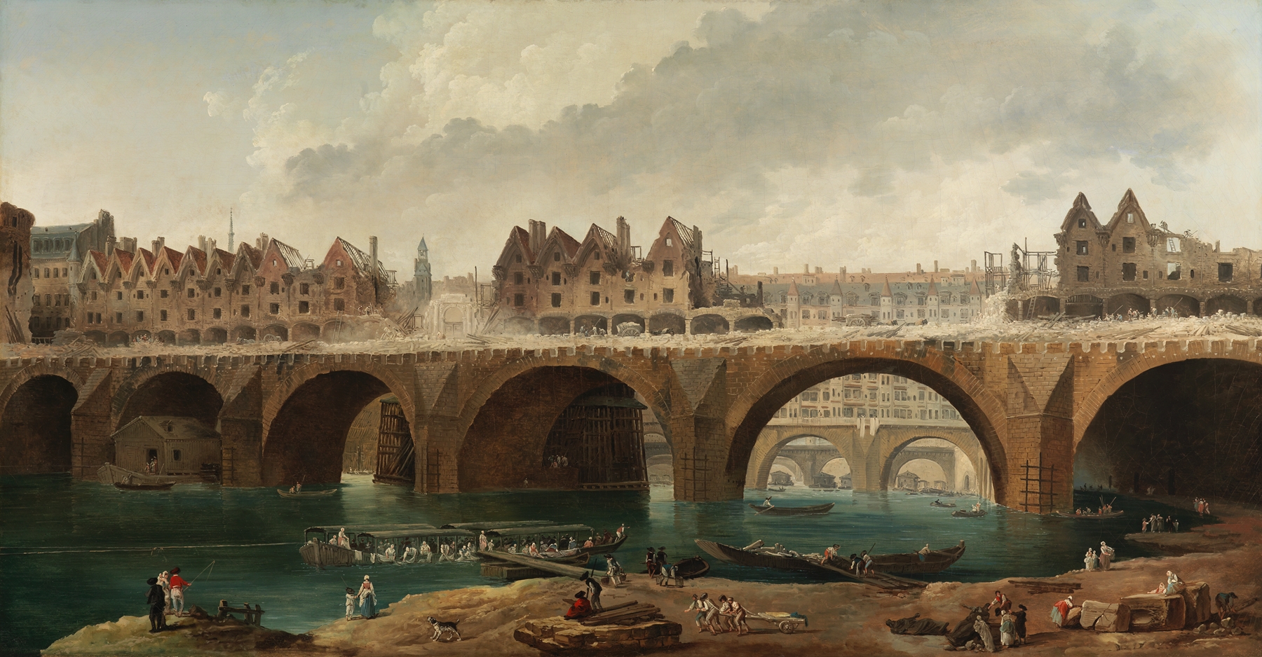 The demolition of the houses on the Notre Dame Bridge in Paris, by Hubert Robert, public domain