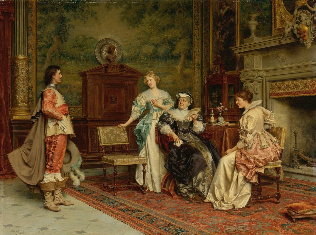 A scene depicting a social gathering with elegantly dressed figures.