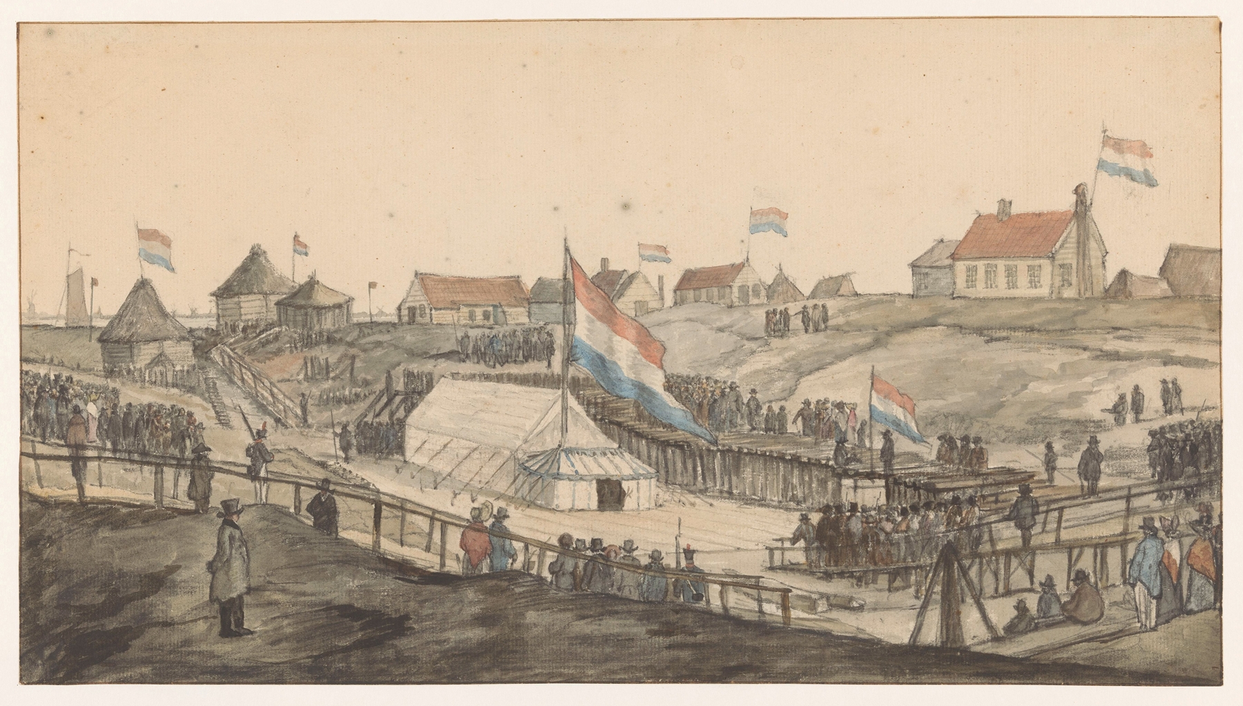 Eerstesteenlegging voor de Willemssluis, oil painting by Gerrit Lamberts depicting a stone bridge and landscape.