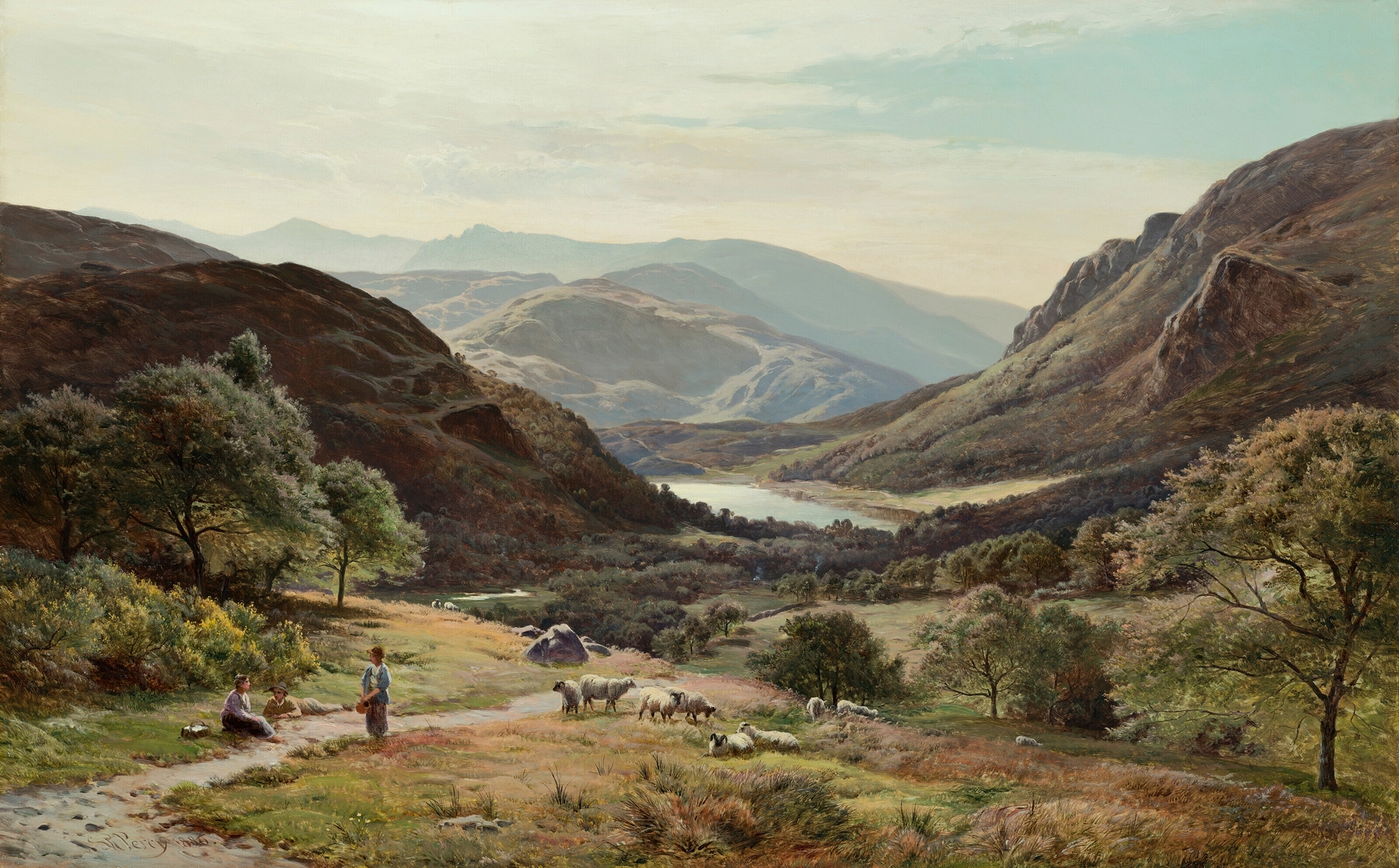 Rydal Water by Sidney Richard Percy, oil painting depicting tranquil lake and reflections.