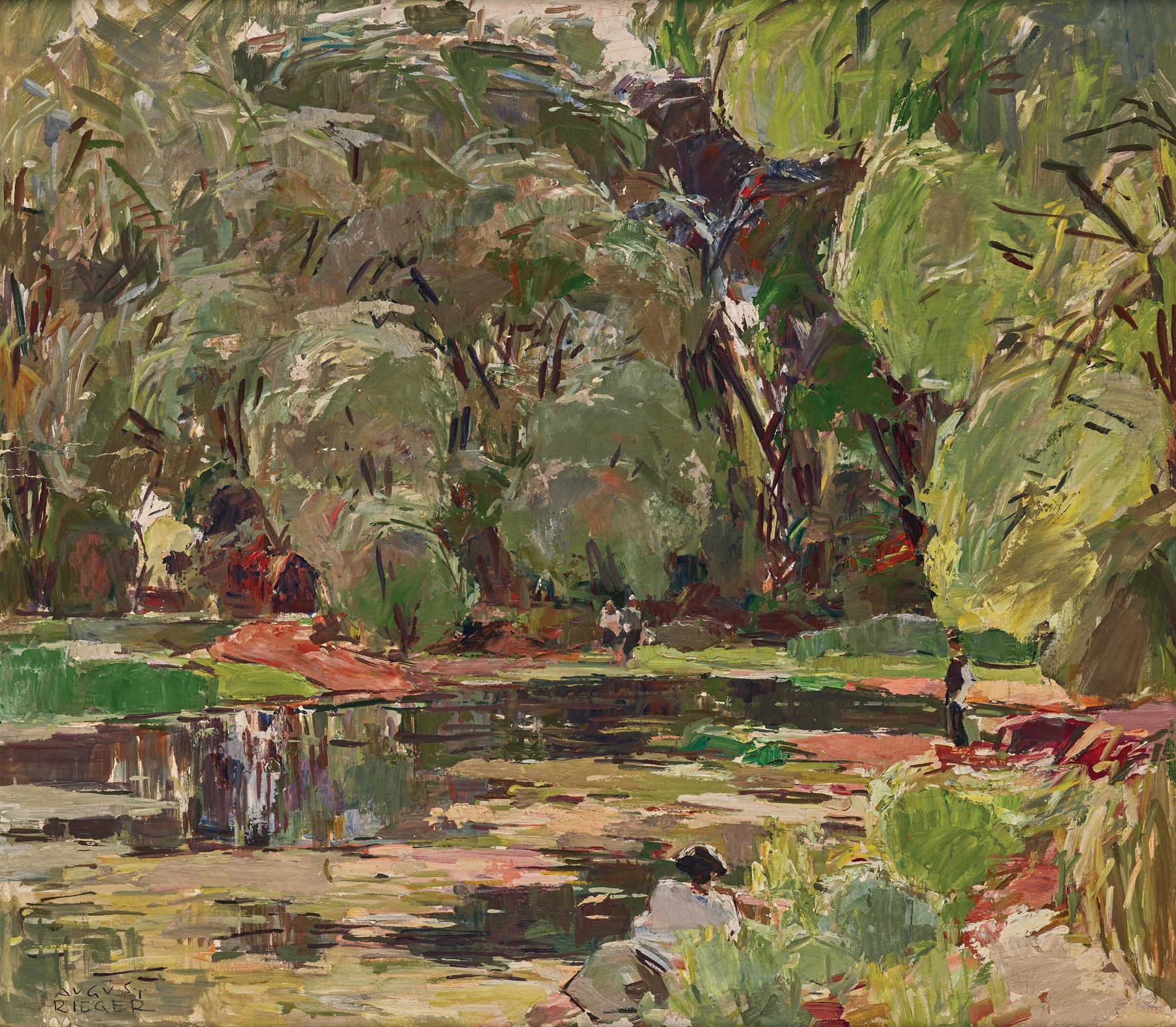 Landscape by August Rieger, oil on canvas depicting a tranquil scene in the Prater.