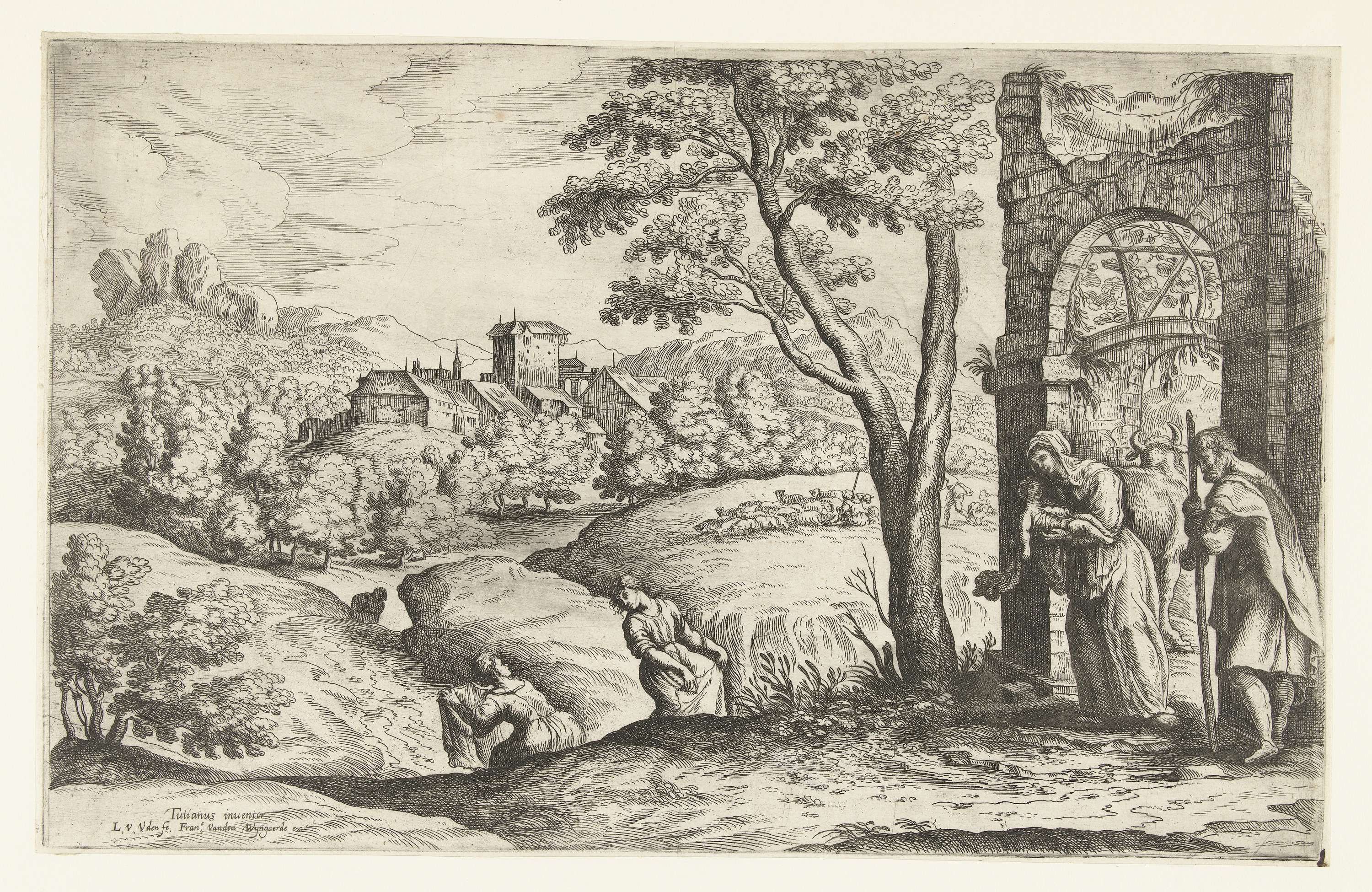 Landschap met de heilige familie en twee voedvrouwen, etching by Lucas van Uden showing the Holy Family in a serene landscape