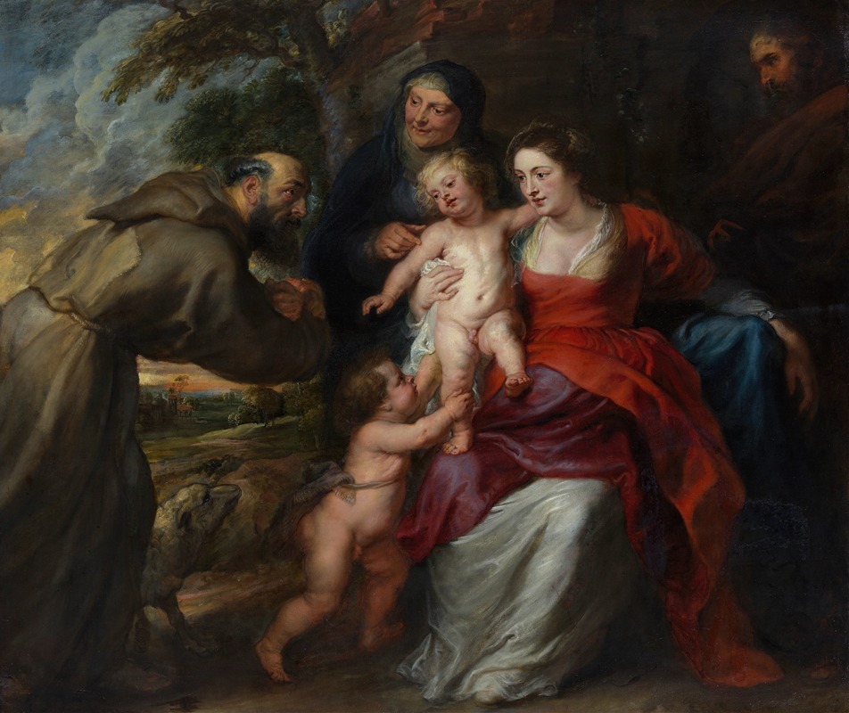 This painting depicts the Holy Family with Saints Francis and Anne and the Infant Saint John the Baptist.