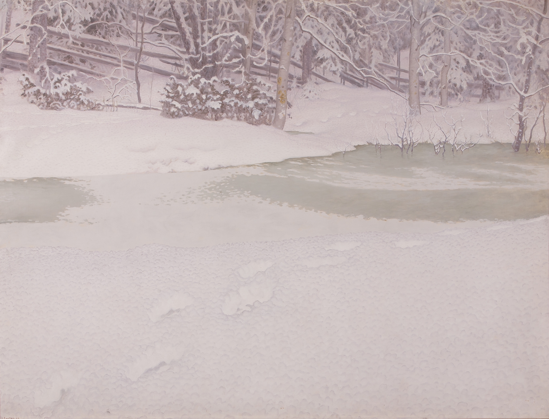 Neugefallener Schnee by Gustaf Fjæstad, oil painting of snow-covered hills.