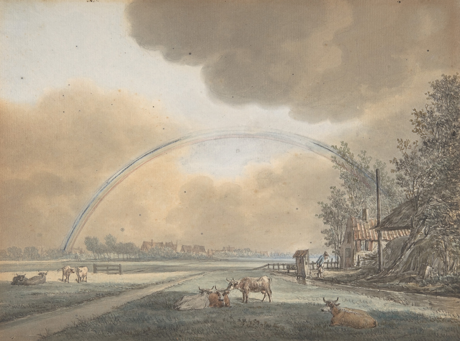Landscape with a Rainbow over a Farmhouse and Distant Village by Vincent Jansz. van der Vinne, oil painting