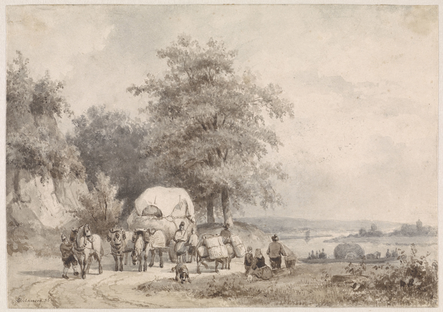 Landscape with hay wagon by Pierre Louis Dubourcq, oil painting