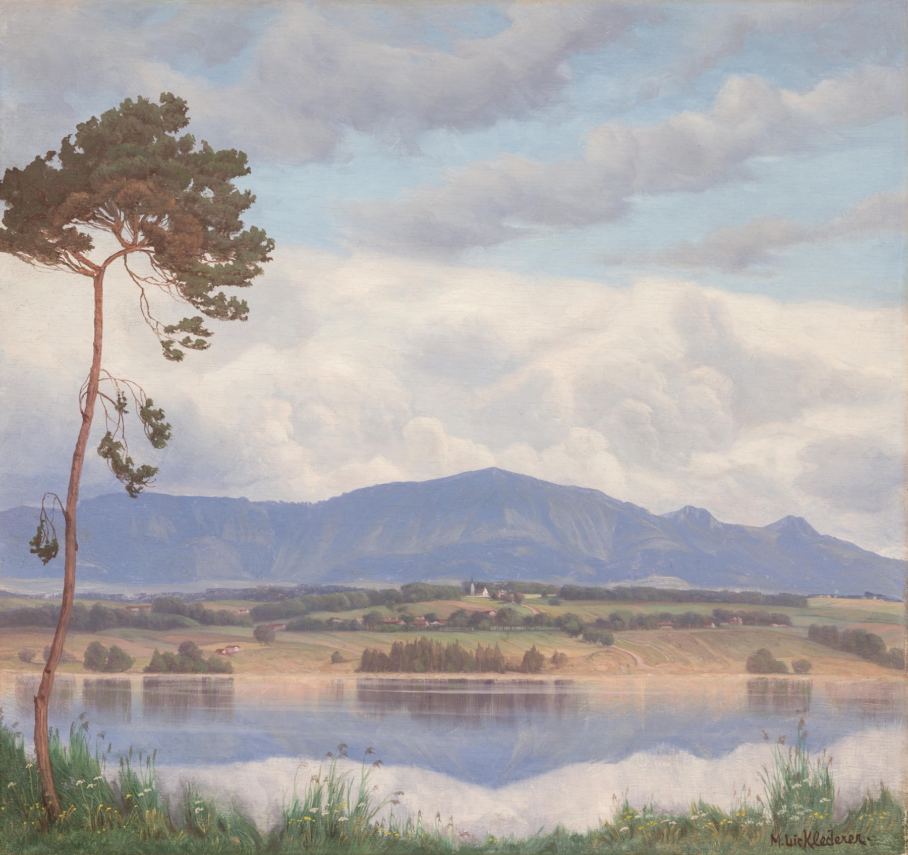Landscape of Simssee lake with shimmering light, oil painting by Michael Licklederer