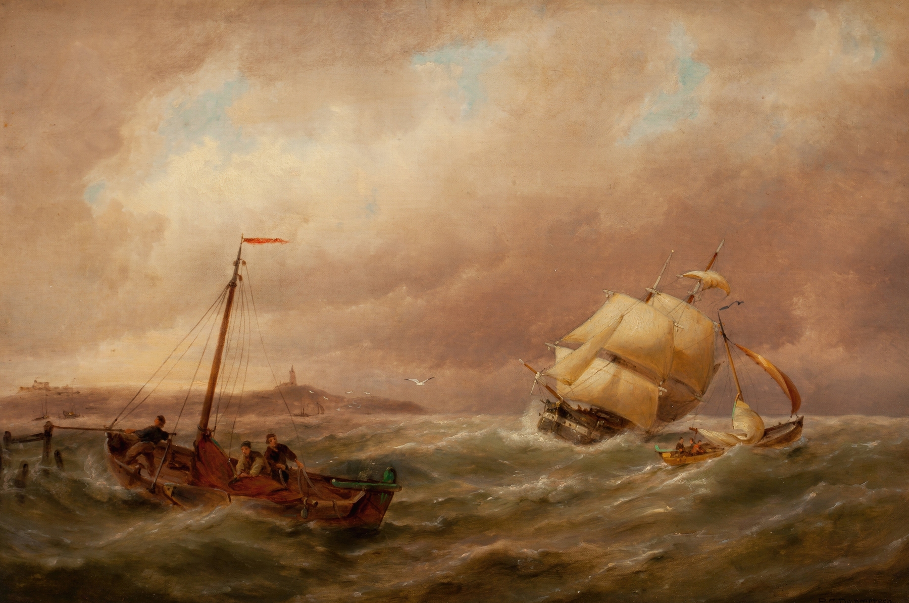 Oil on canvas by Pieter Cornelis Dommersen depicting boats in a harbor with reflections