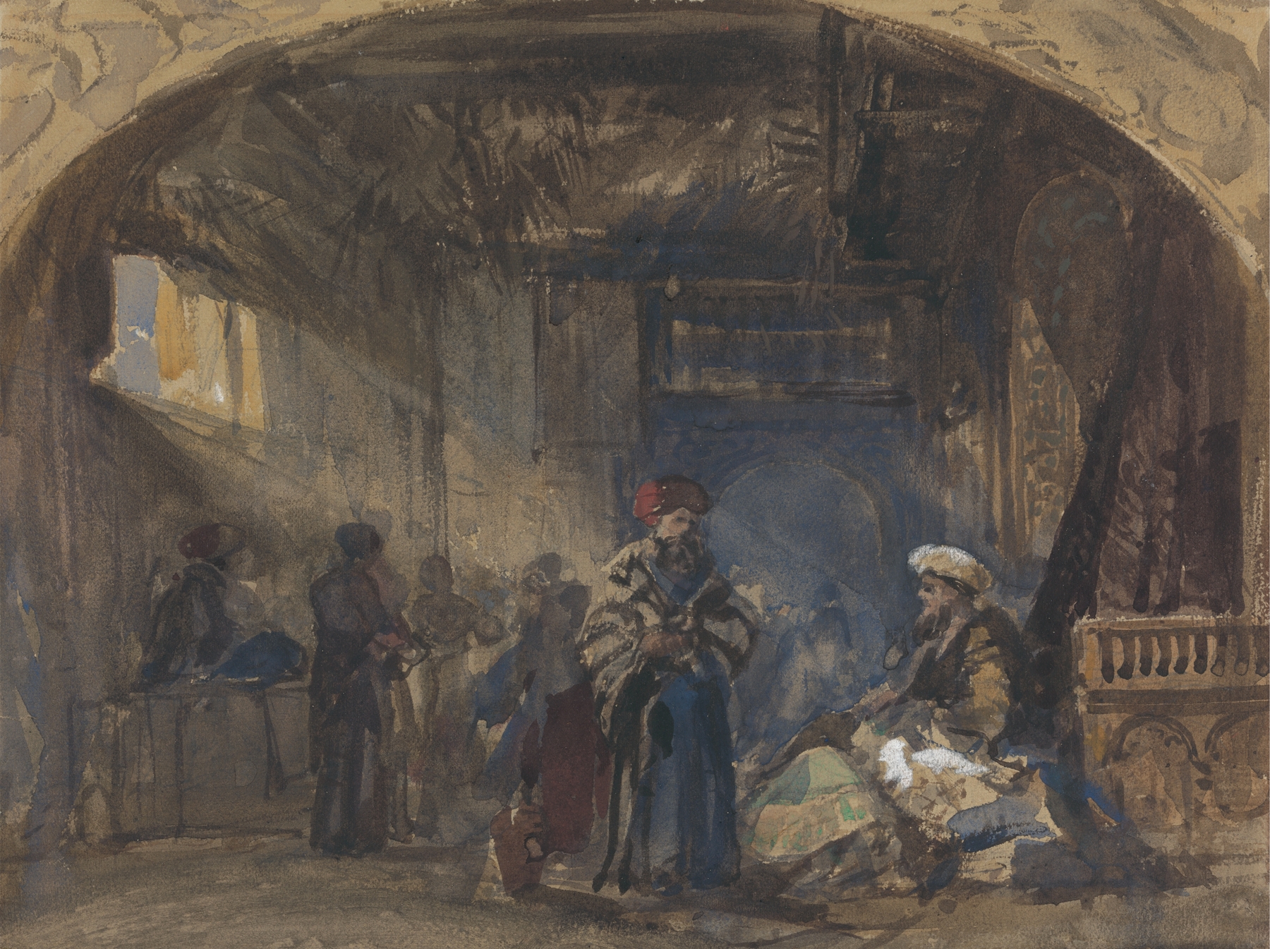 Cairo Bazaar by William James Müller, genre scene depicting merchants and shoppers in a market.
