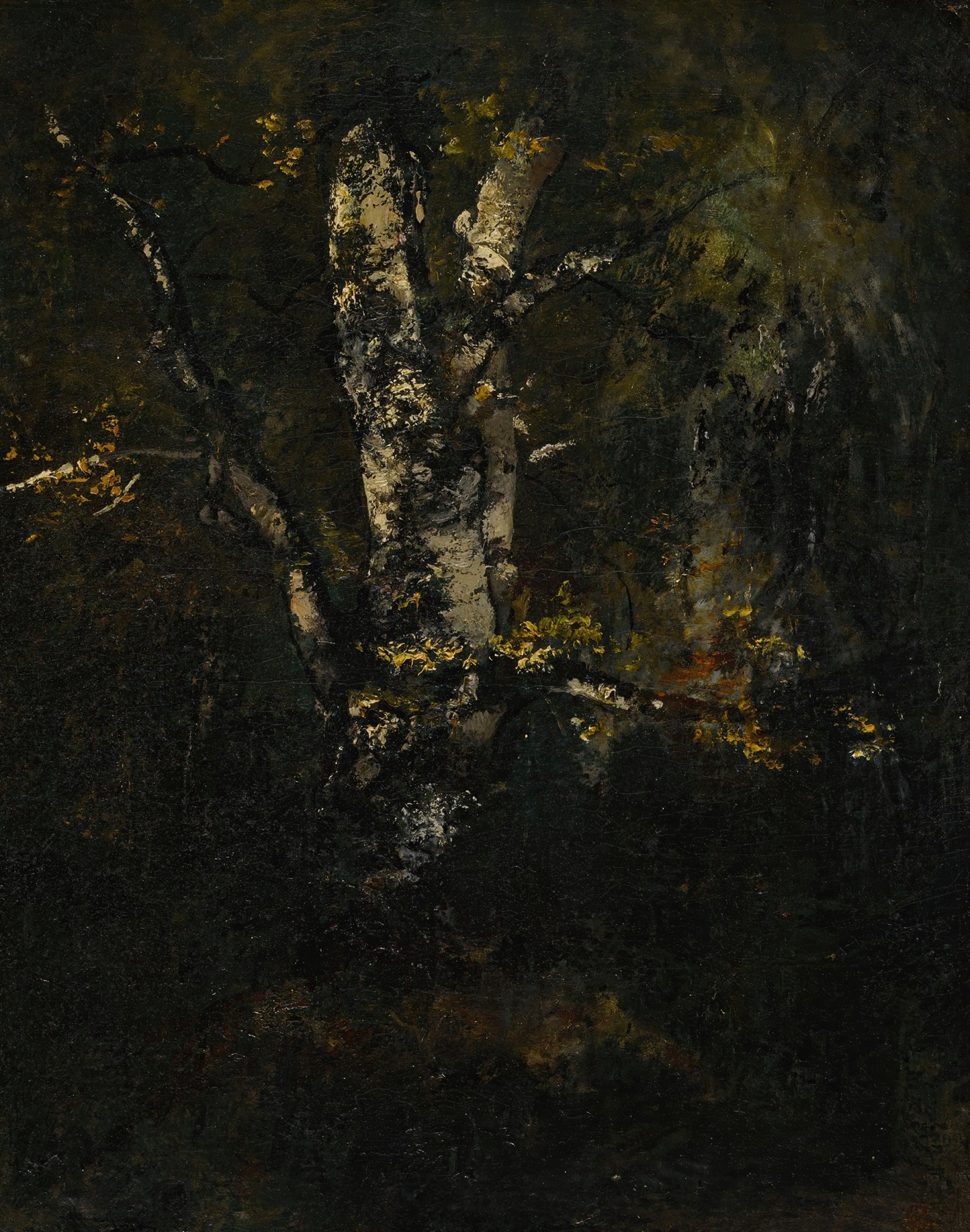 Vieux Troncs De Hêtres by Narcisse-Virgile Diaz de La Peña, oil painting of ancient beech trees at twilight.