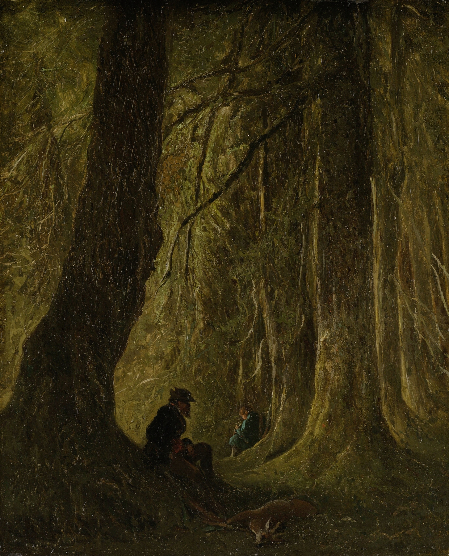 Oil painting 'Op drijfjacht' by Johannes Tavenraat depicting a twilight landscape with figures.