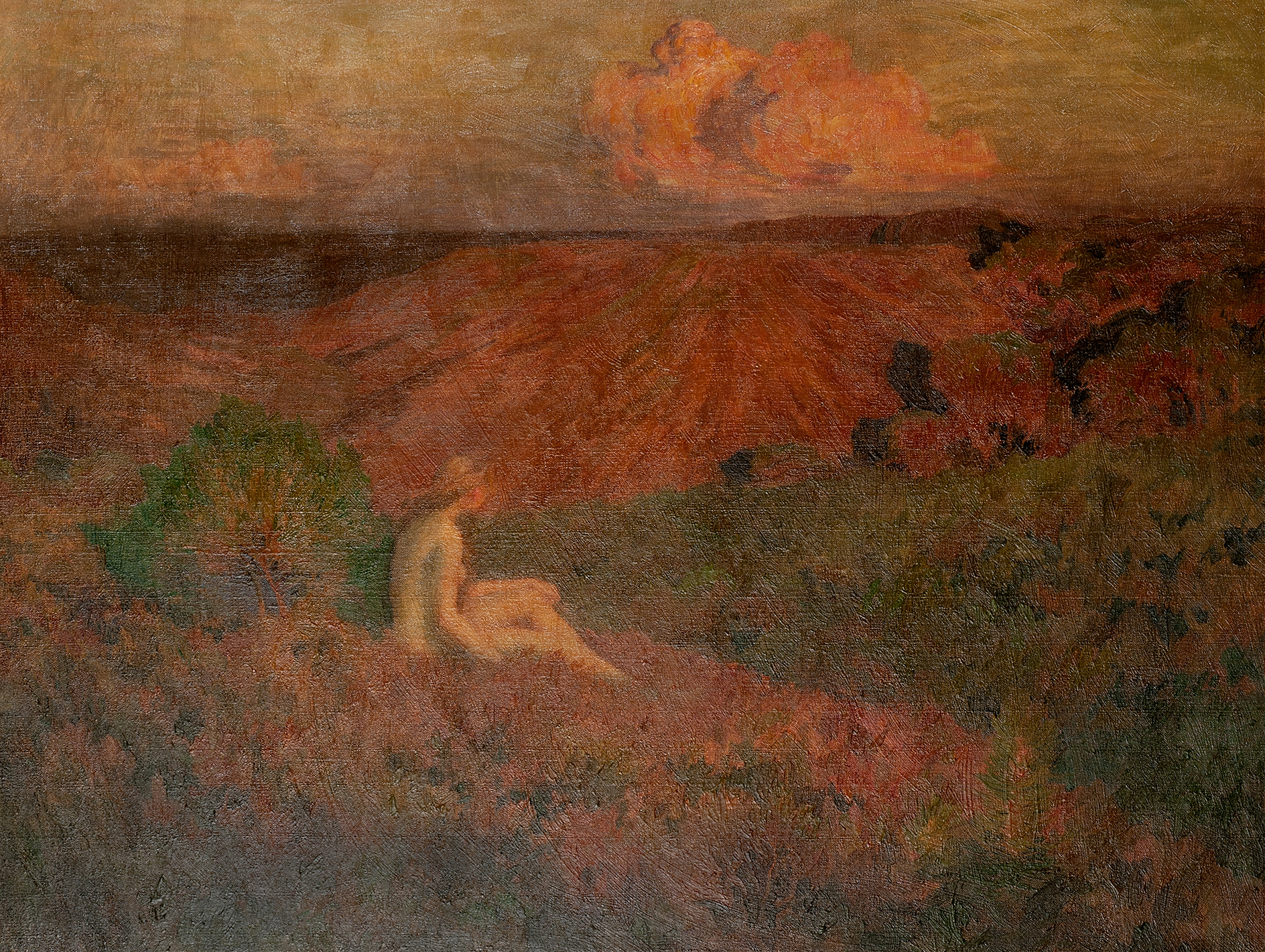 Solitude by Émile-René Ménard, oil painting depicting a figure enveloped in soft light and shadow.