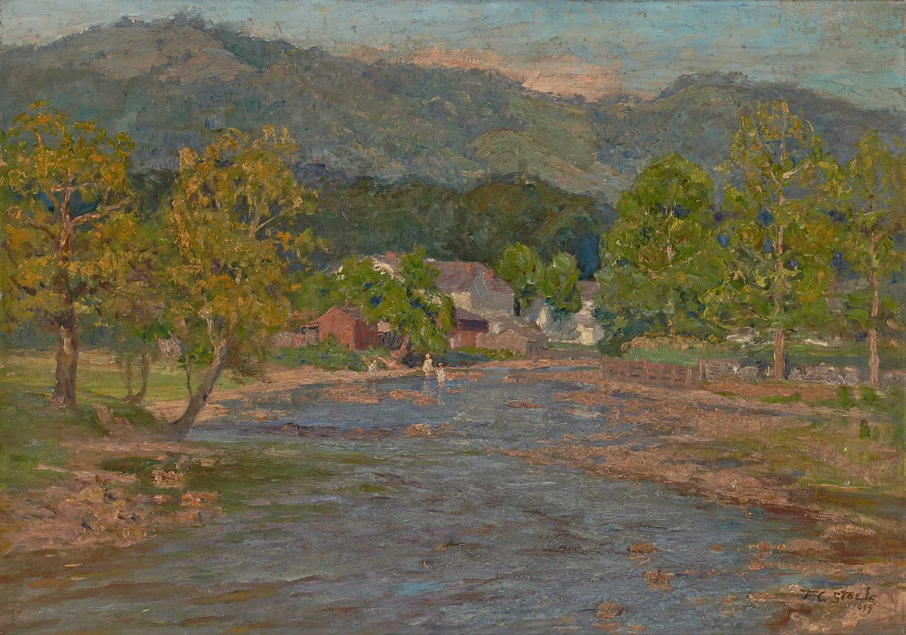 Landscape by Theodore Clement Steele, oil on canvas depicting a vibrant sky and horizon.