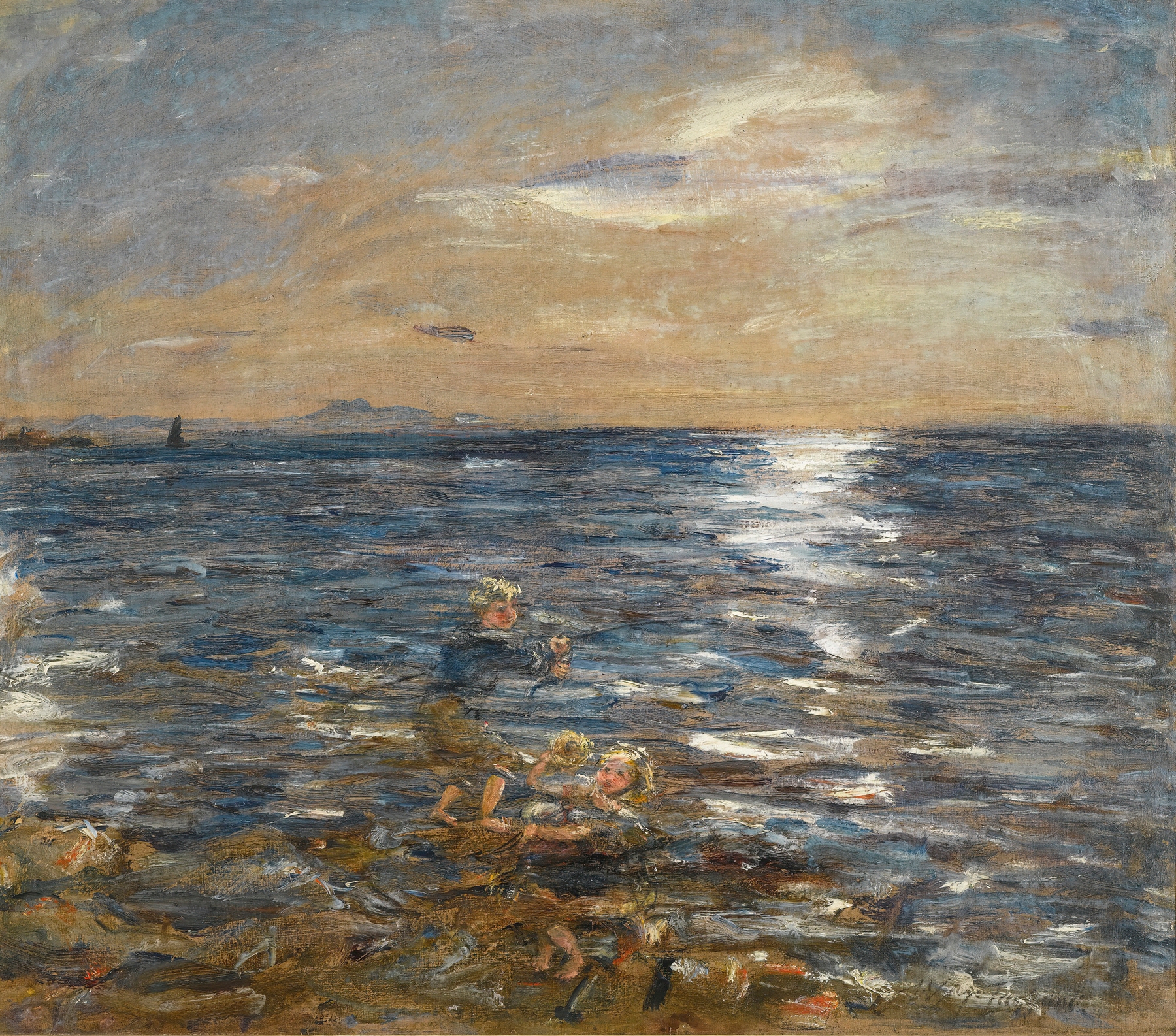 Fishing From The Rocks, Port Seton by William Mctaggart, oil on canvas depicting a fisherman by the sea.