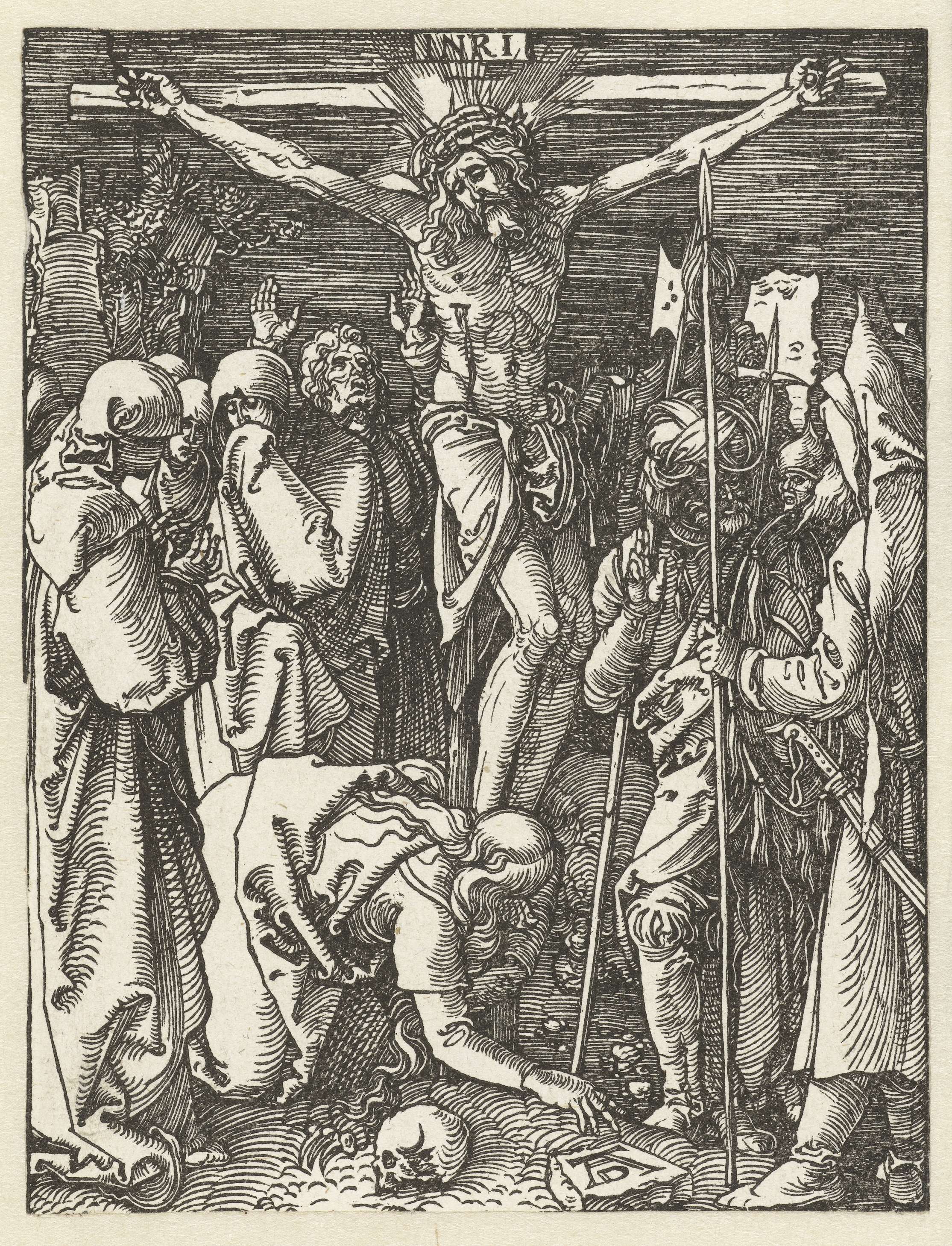 Kruisiging woodcut by Albrecht Dürer depicting the crucifixion with dramatic light and shadow.