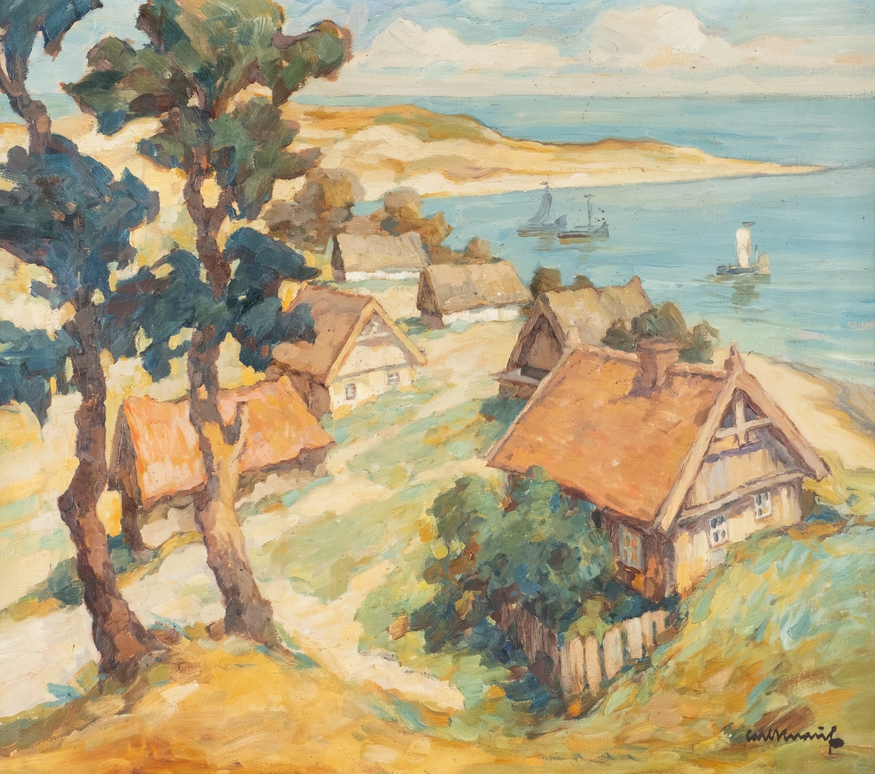 Nidden at Curonian Spit, oil on canvas by Carl Knauf, depicting a tranquil landscape with horizon and clouds.
