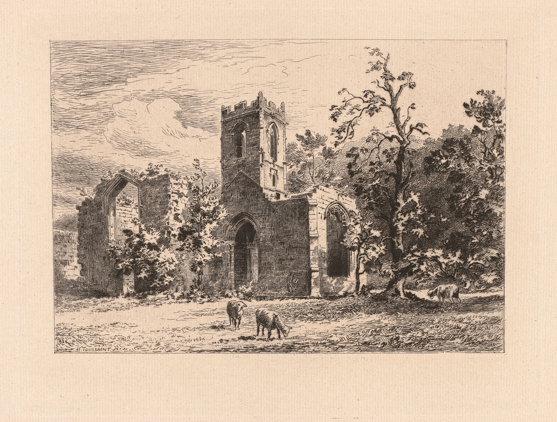 Mount-Grace Abbey by Henri Toussaint, oil on canvas depicting a serene cloister with greenery.
