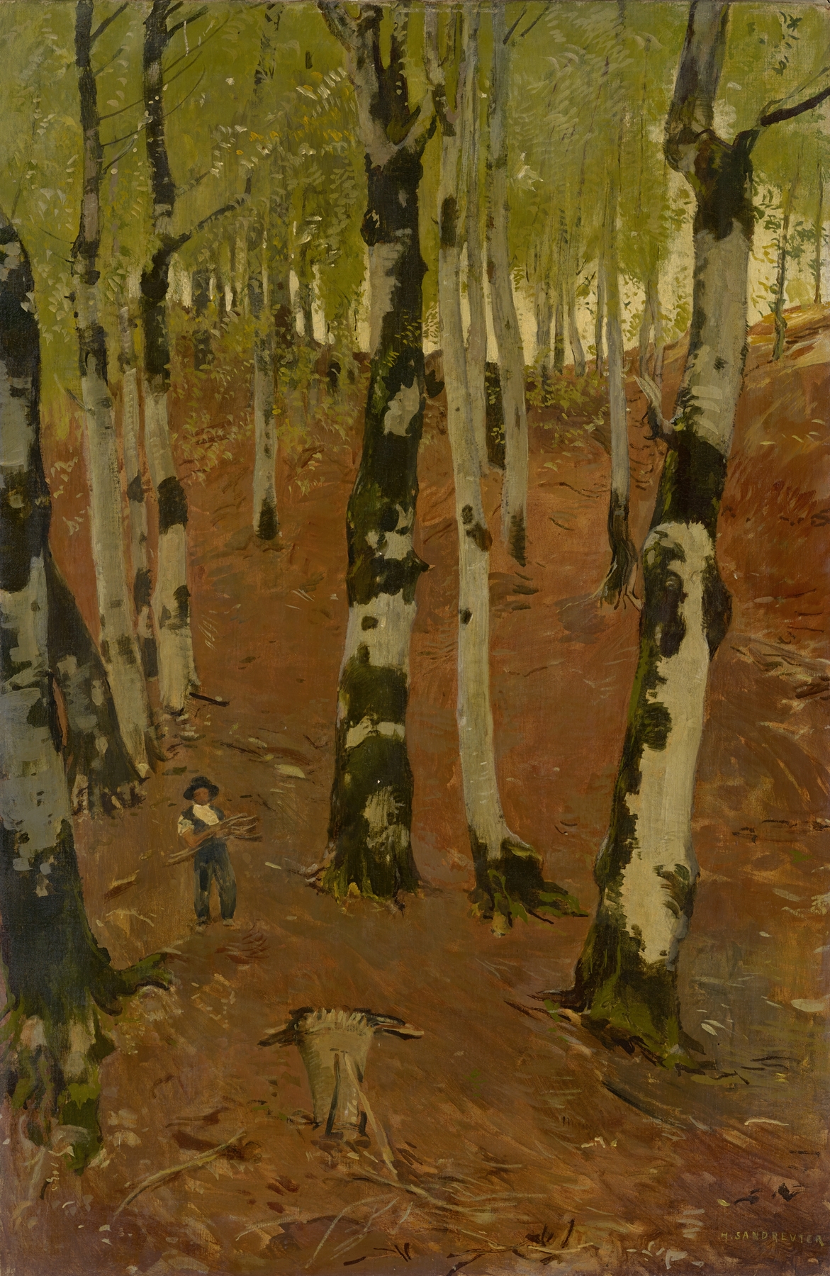 Beech Grove with Wood Gatherer by Hans Sandreuter, oil on canvas depicting a forest scene