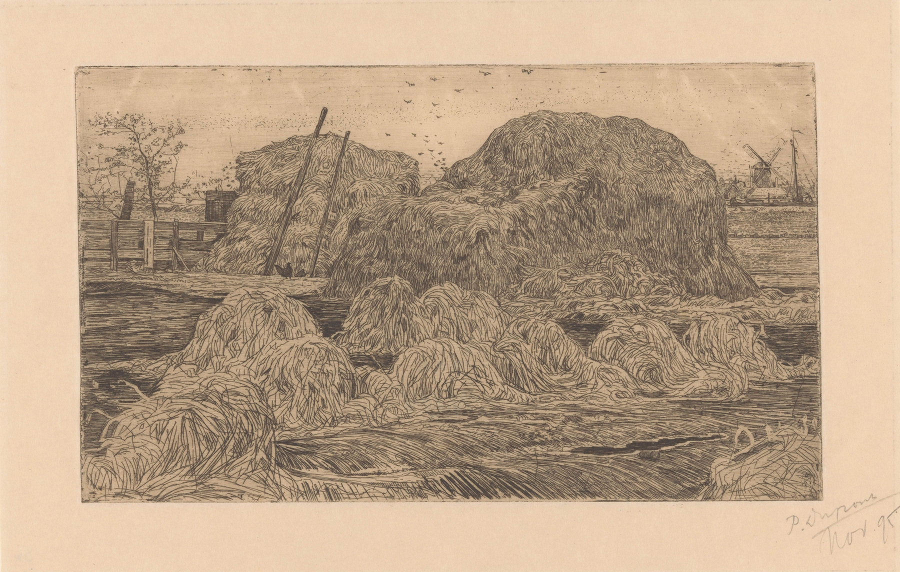 Hooibergen op een akker, oil on canvas by Pieter Dupont depicting haystacks in golden fields.