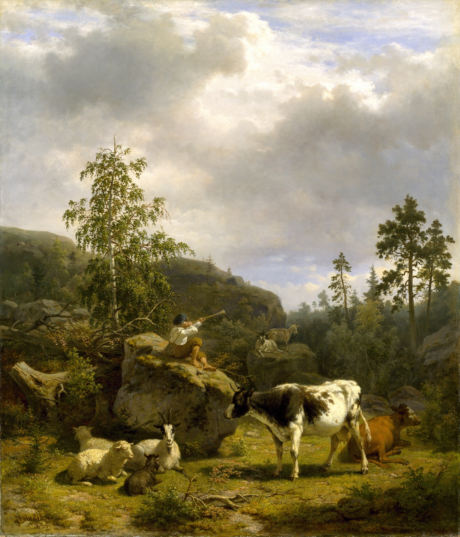Forest landscape with a shepherd boy and cattle by Nils Andersson, oil painting